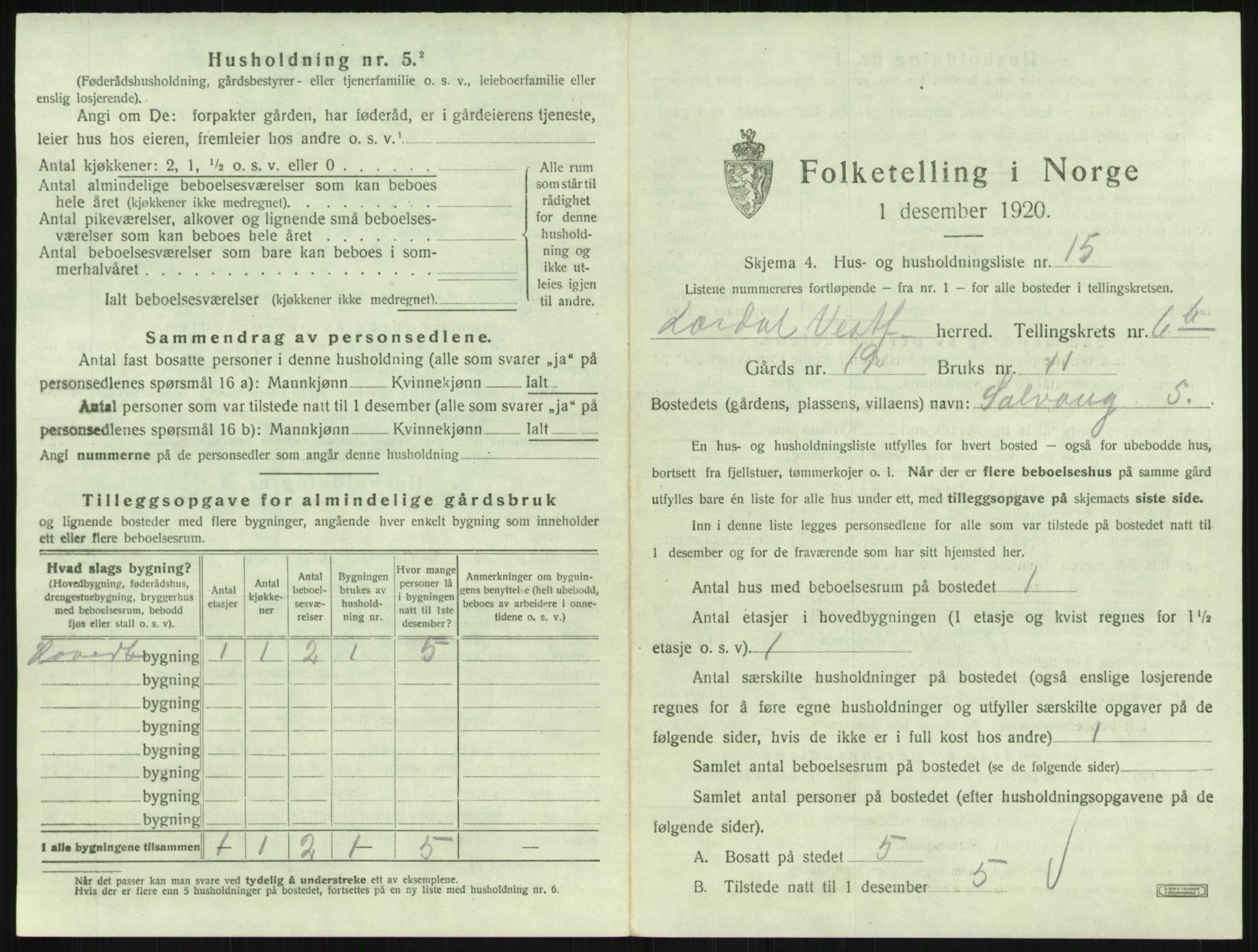 SAKO, 1920 census for Lardal, 1920, p. 949