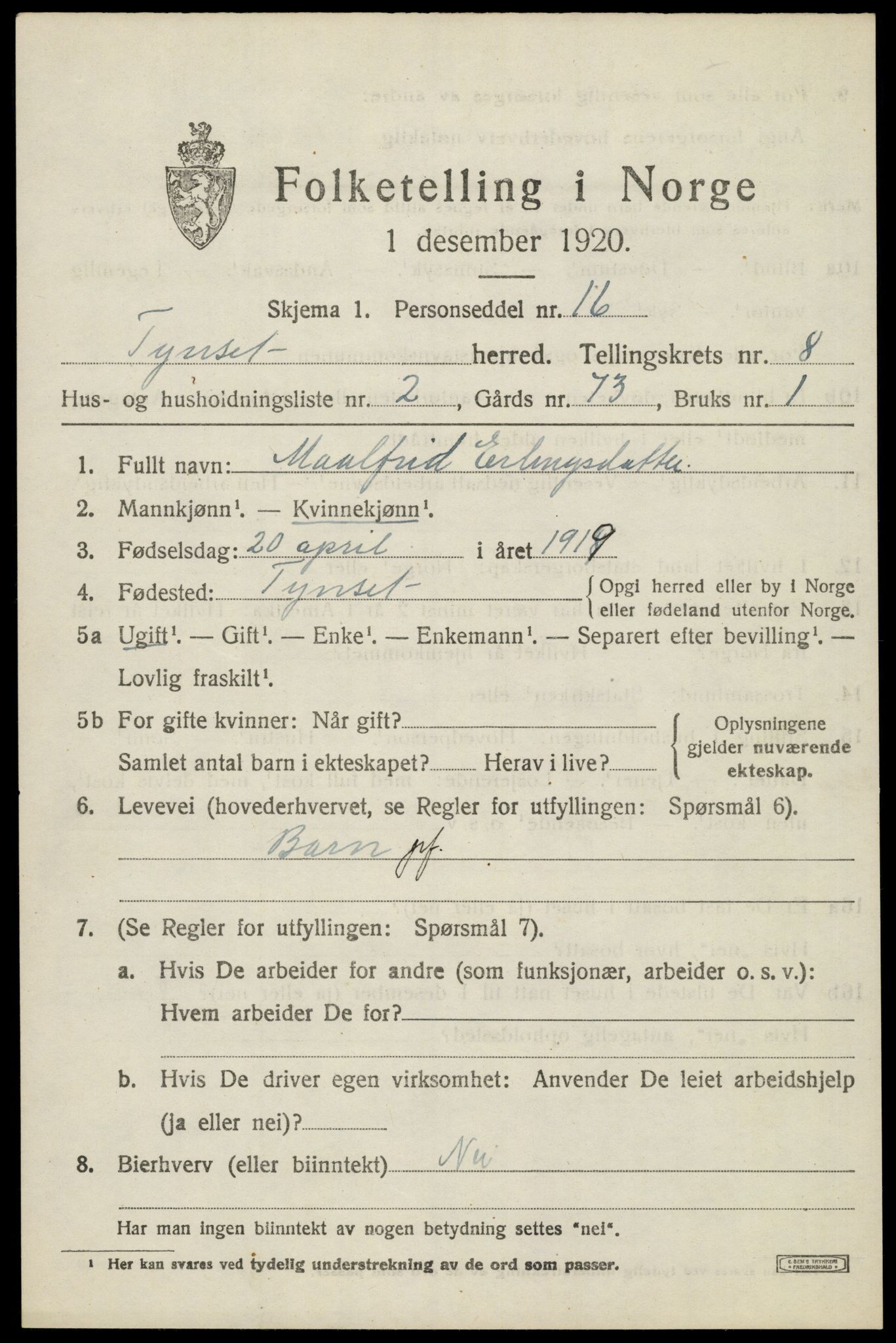 SAH, 1920 census for Tynset, 1920, p. 6586