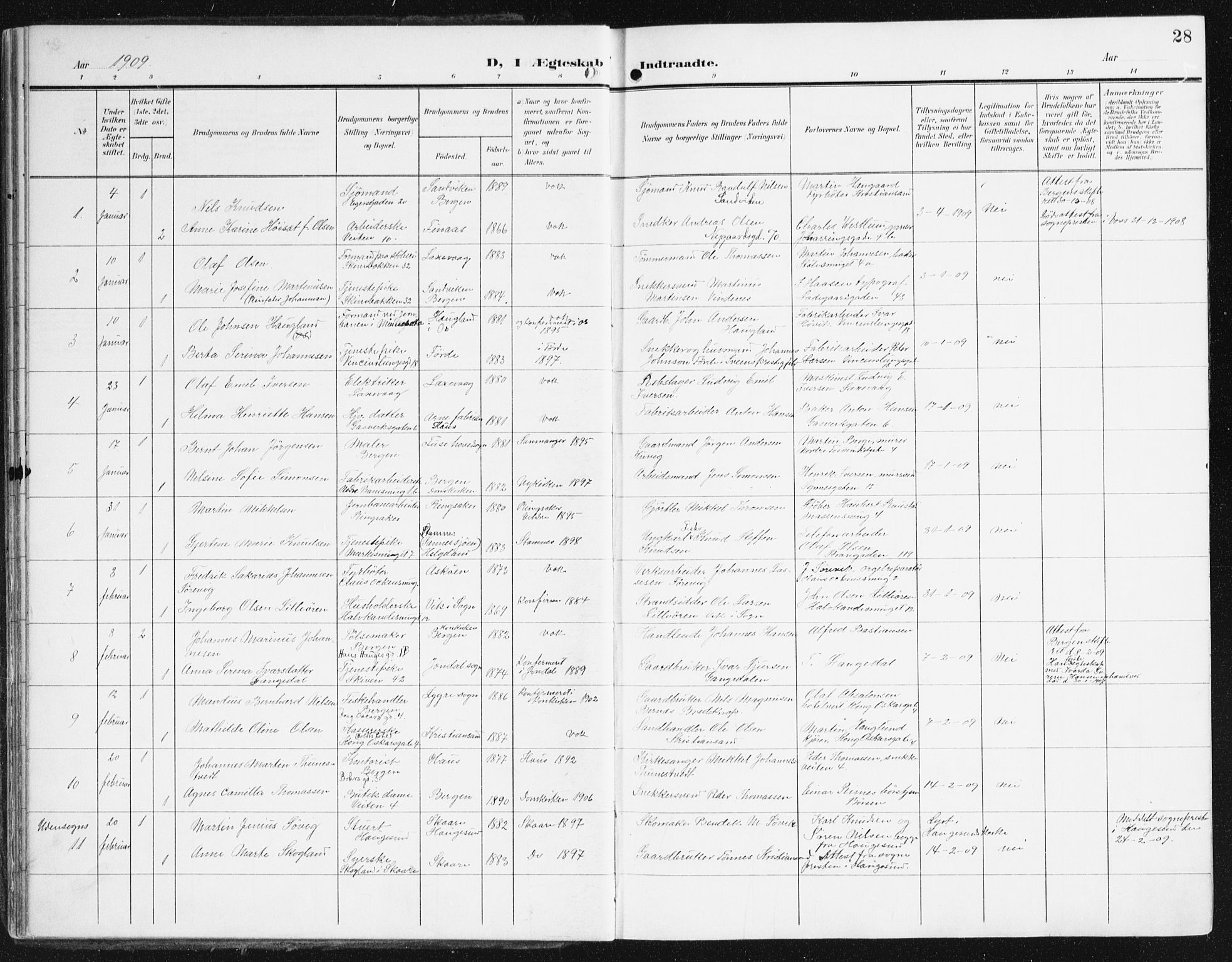 Domkirken sokneprestembete, AV/SAB-A-74801/H/Haa/L0038: Parish register (official) no. D 5, 1906-1921, p. 28