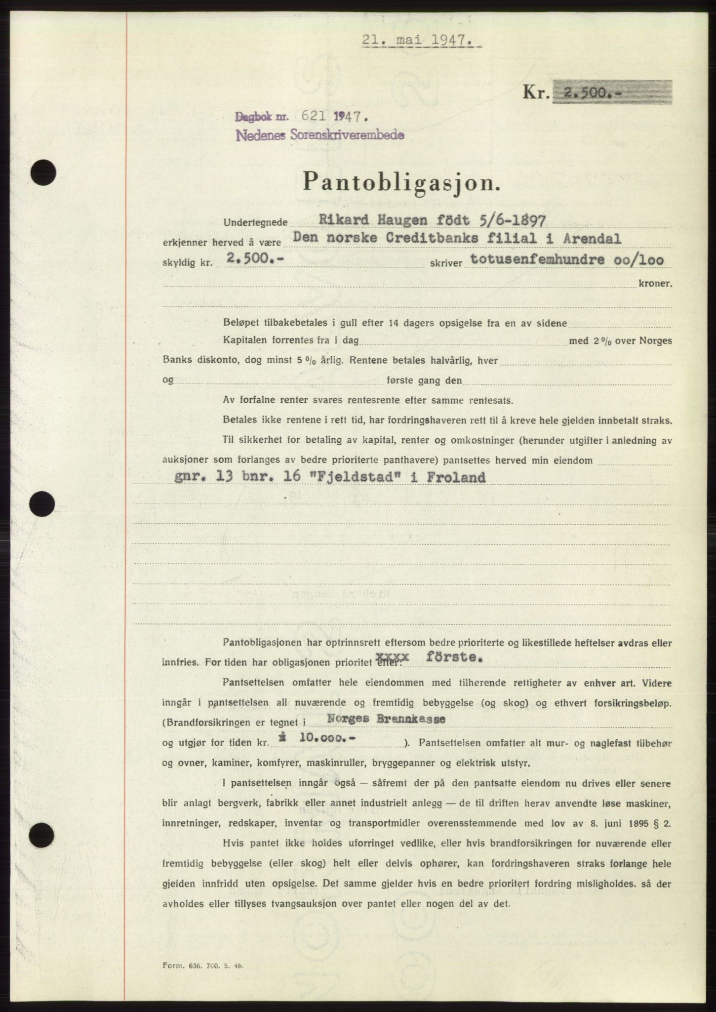 Nedenes sorenskriveri, AV/SAK-1221-0006/G/Gb/Gbb/L0004: Mortgage book no. B4, 1947-1947, Diary no: : 621/1947