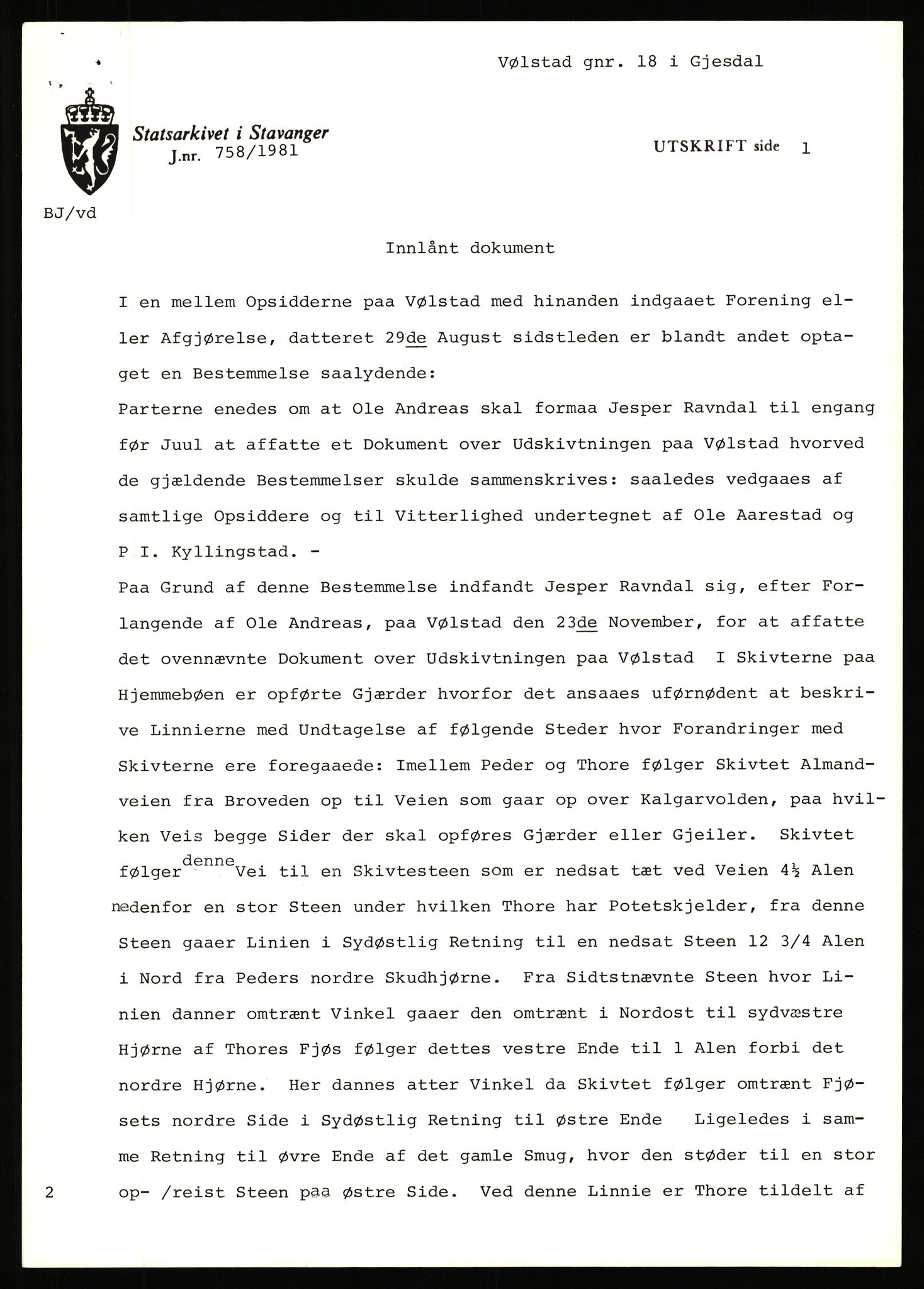 Statsarkivet i Stavanger, SAST/A-101971/03/Y/Yj/L0096: Avskrifter sortert etter gårdsnavn: Vistad - Vågen søndre, 1750-1930, p. 352