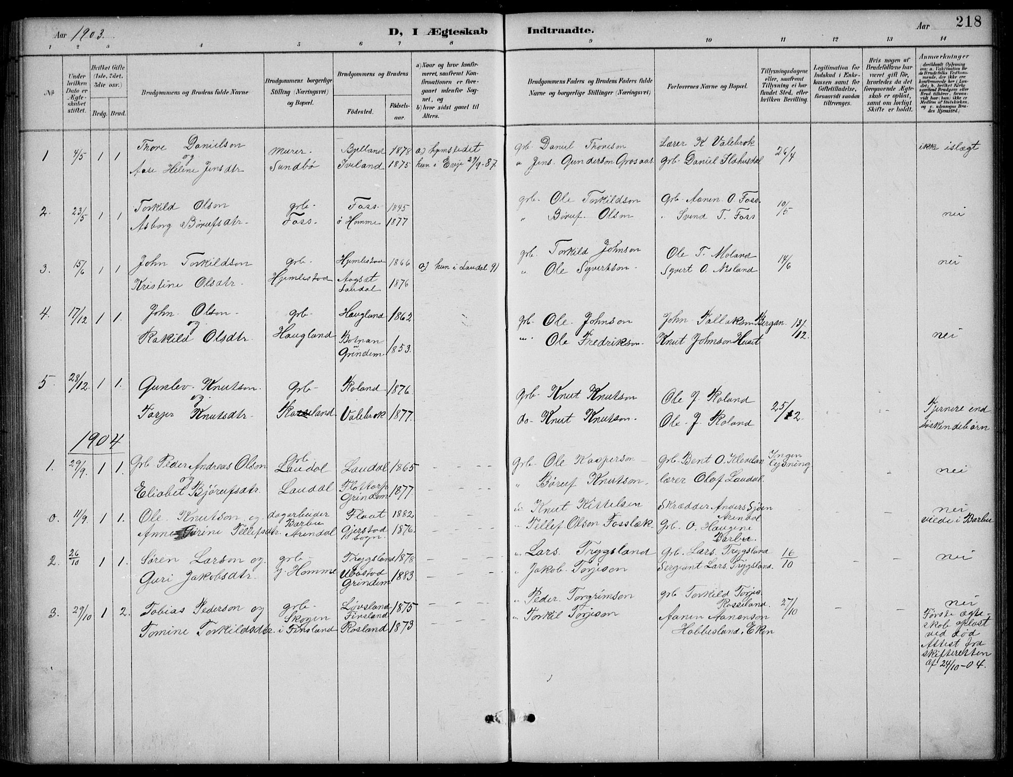 Bjelland sokneprestkontor, SAK/1111-0005/F/Fb/Fba/L0005: Parish register (copy) no. B 5, 1887-1923, p. 218