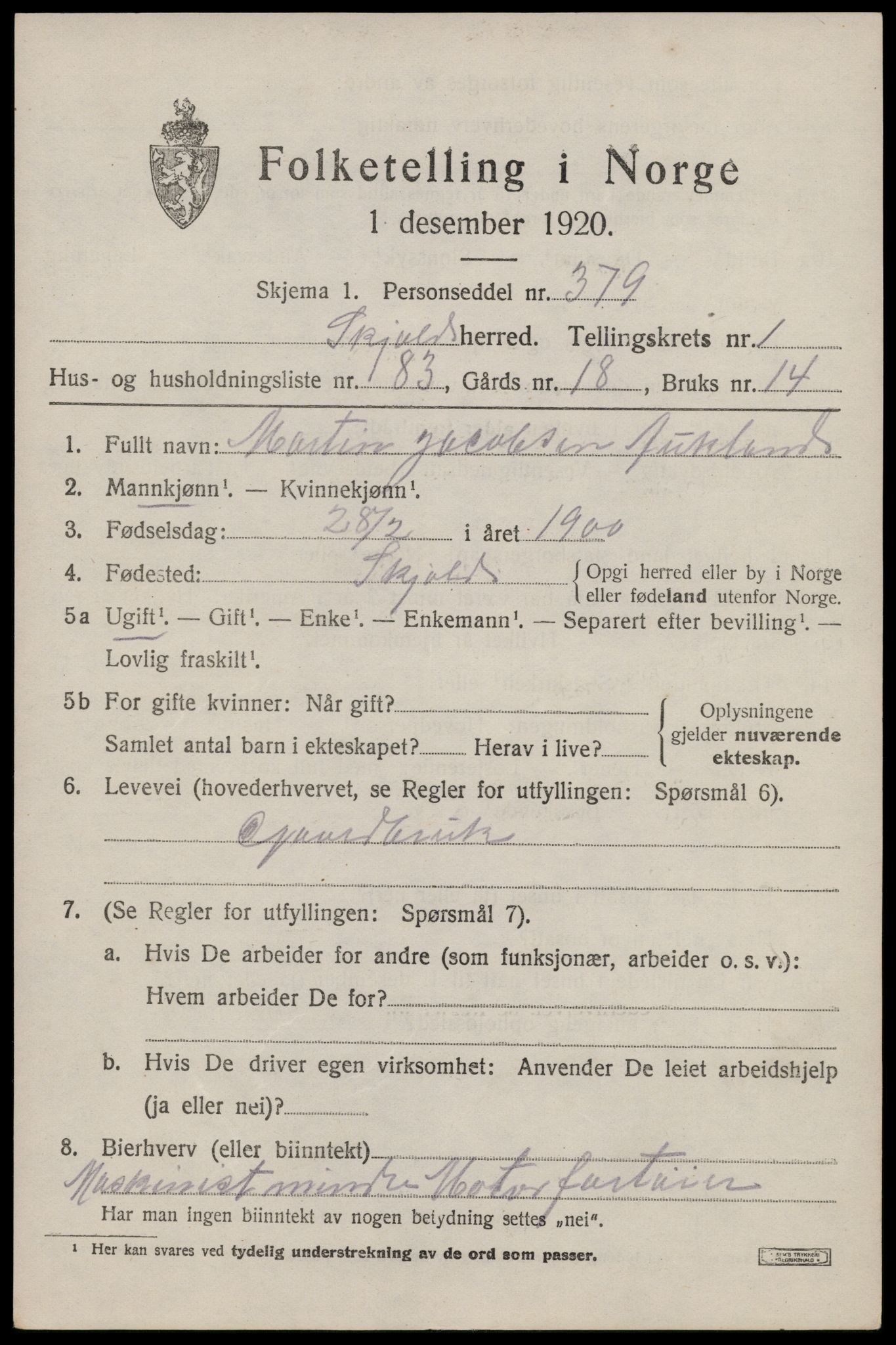 SAST, 1920 census for Skjold, 1920, p. 1670