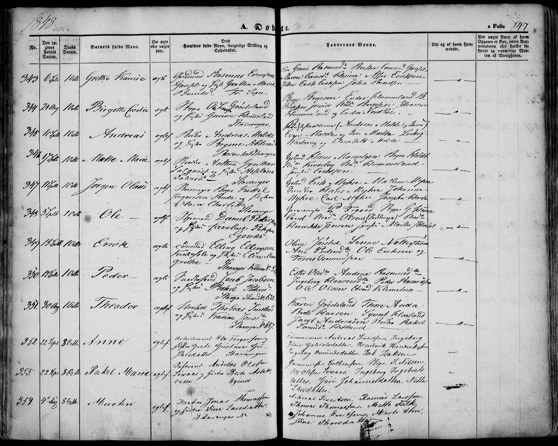 Domkirken sokneprestkontor, AV/SAST-A-101812/001/30/30BA/L0016: Parish register (official) no. A 15, 1844-1854, p. 147