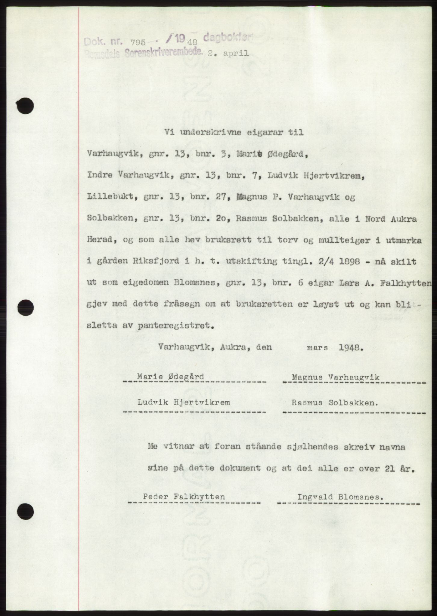 Romsdal sorenskriveri, AV/SAT-A-4149/1/2/2C: Mortgage book no. B3, 1946-1948, Diary no: : 795/1948