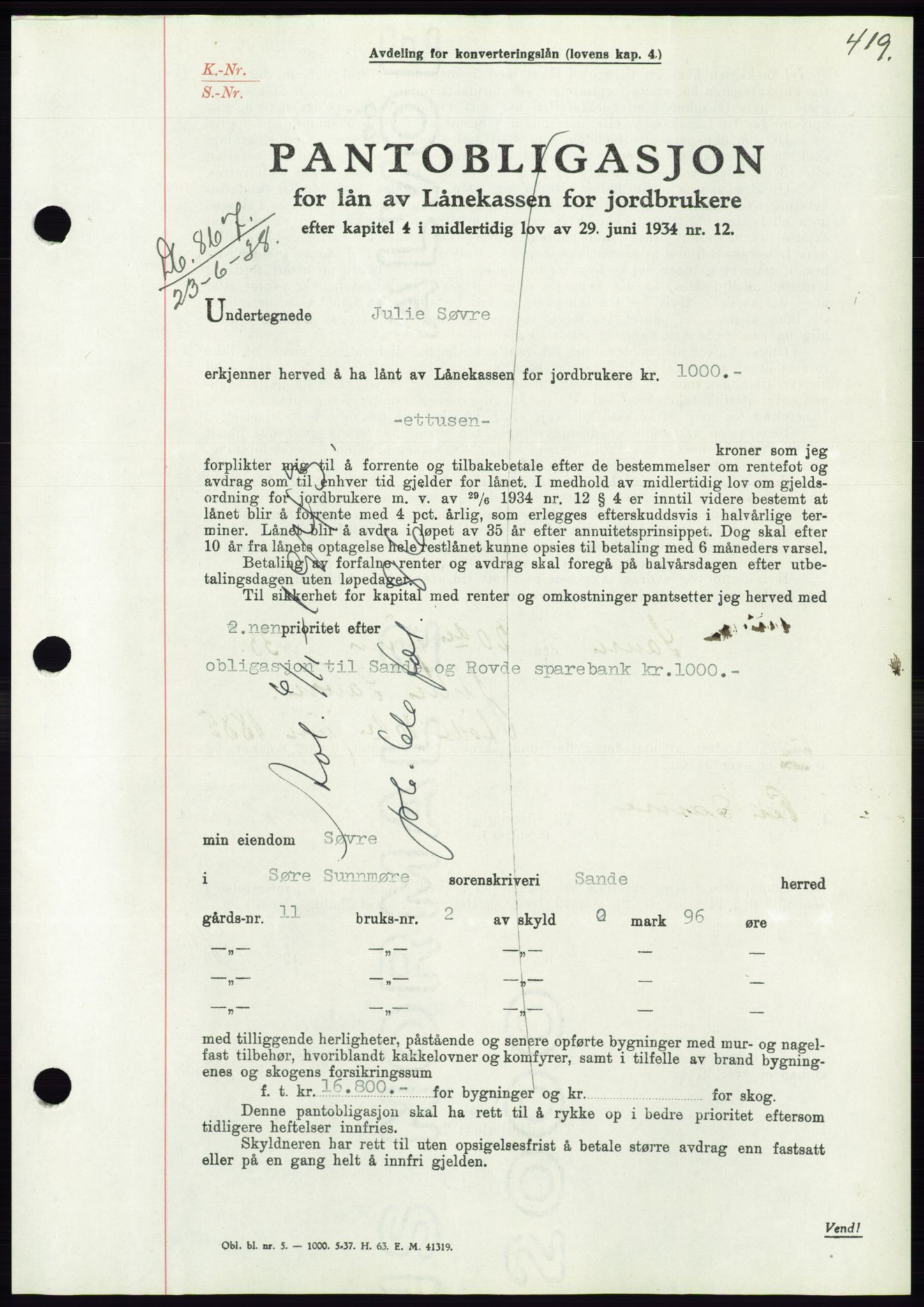 Søre Sunnmøre sorenskriveri, AV/SAT-A-4122/1/2/2C/L0065: Mortgage book no. 59, 1938-1938, Diary no: : 867/1938