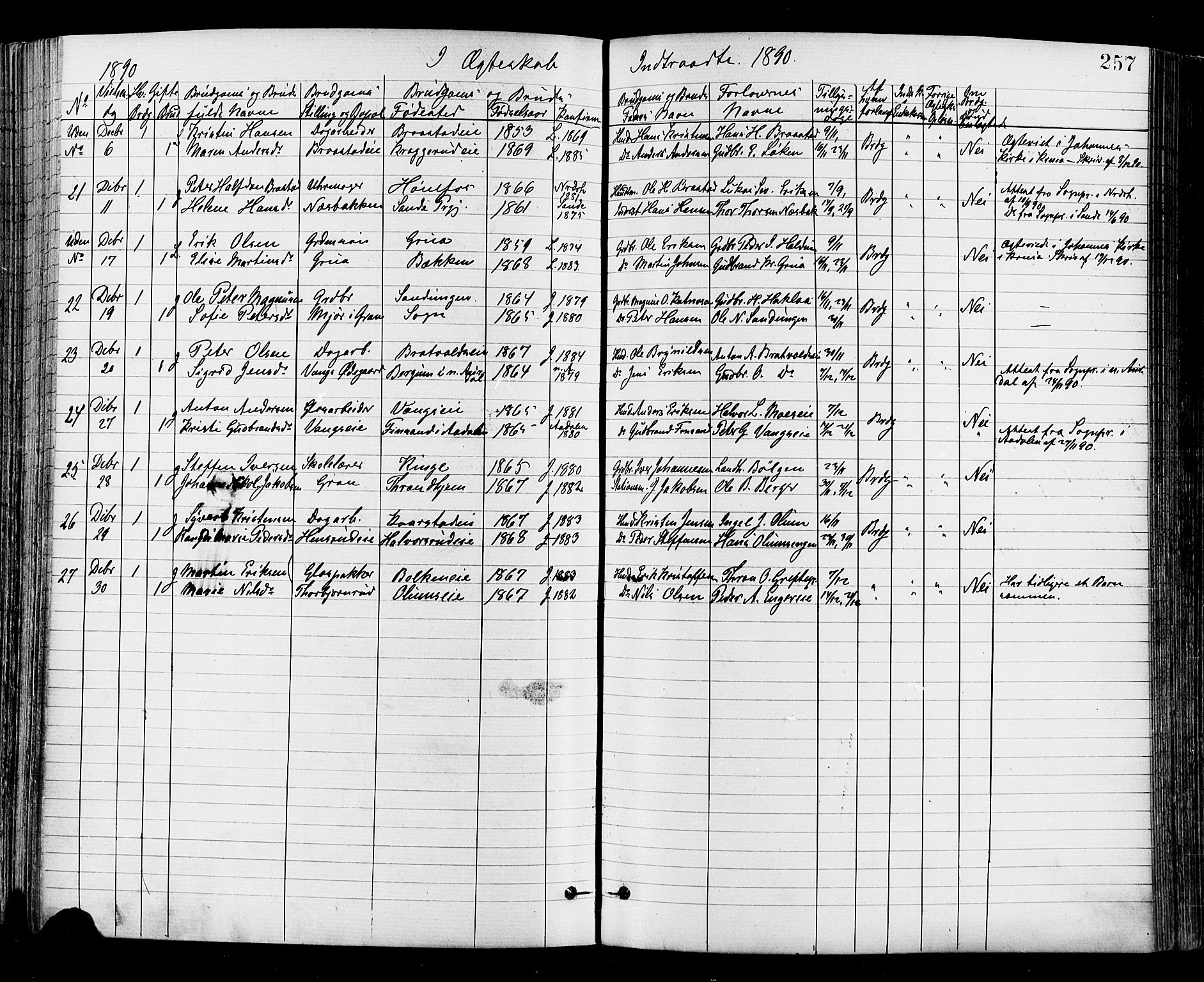 Jevnaker prestekontor, SAH/PREST-116/H/Ha/Haa/L0008: Parish register (official) no. 8, 1877-1890, p. 257