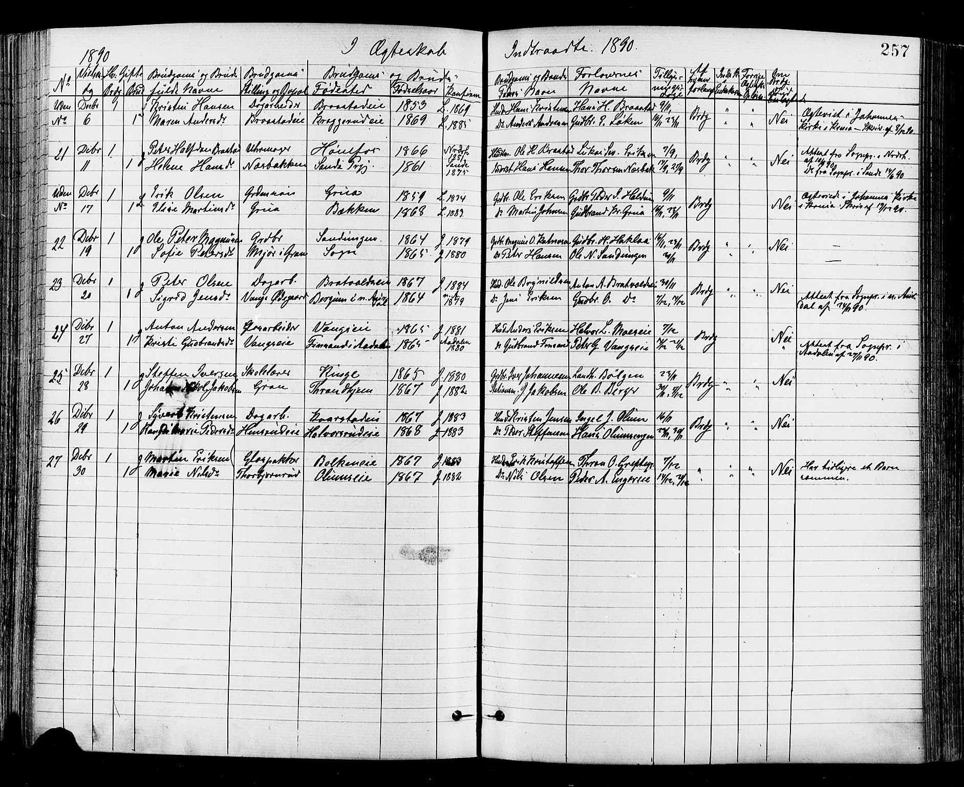 Jevnaker prestekontor, AV/SAH-PREST-116/H/Ha/Haa/L0008: Parish register (official) no. 8, 1877-1890, p. 257