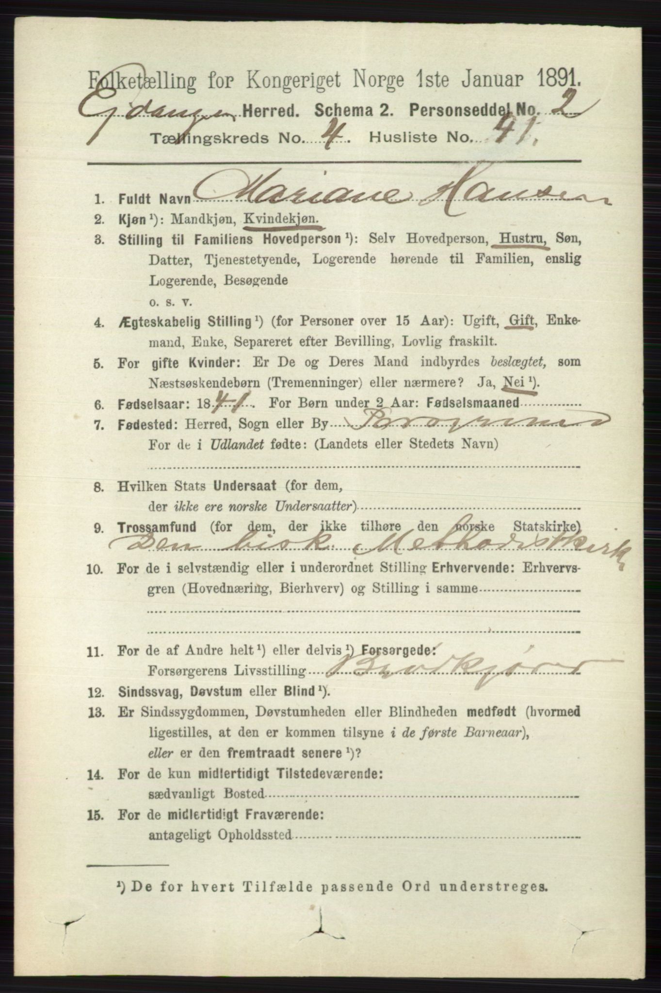 RA, 1891 census for 0813 Eidanger, 1891, p. 2222