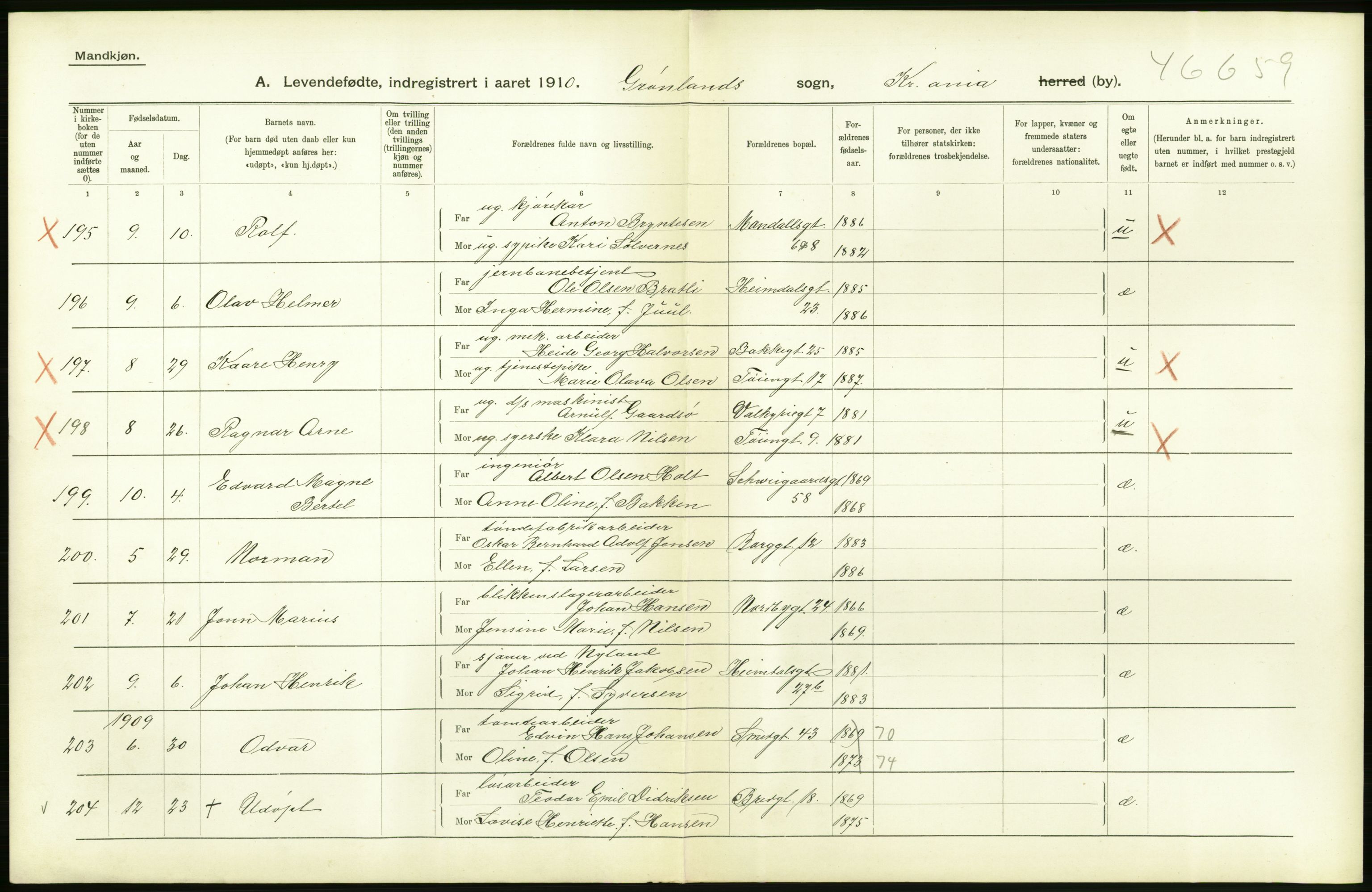 Statistisk sentralbyrå, Sosiodemografiske emner, Befolkning, AV/RA-S-2228/D/Df/Dfa/Dfah/L0006: Kristiania: Levendefødte menn., 1910, p. 678