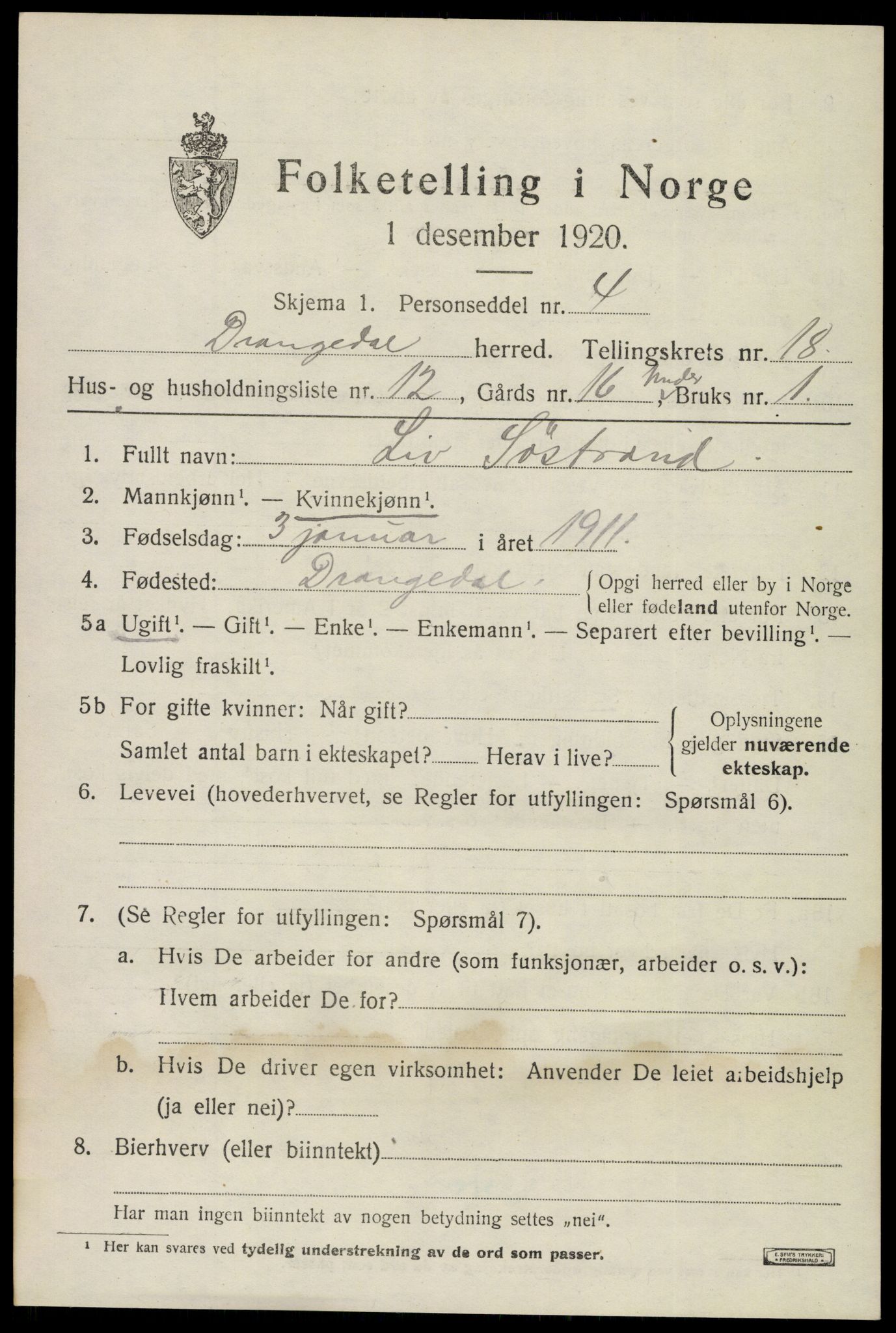 SAKO, 1920 census for Drangedal, 1920, p. 8417