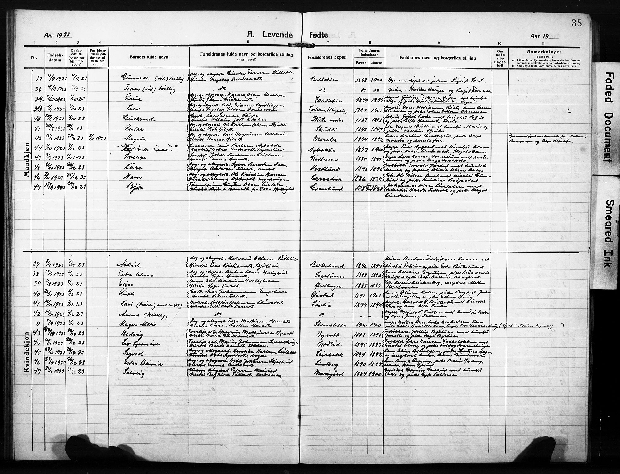 Søndre Land prestekontor, AV/SAH-PREST-122/L/L0007: Parish register (copy) no. 7, 1915-1932, p. 38