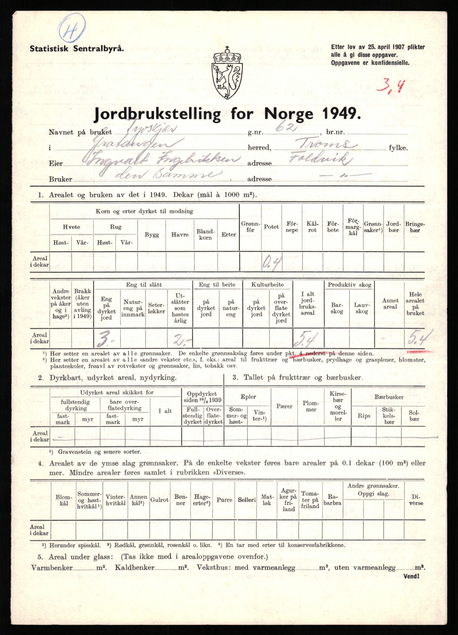 Statistisk sentralbyrå, Næringsøkonomiske emner, Jordbruk, skogbruk, jakt, fiske og fangst, AV/RA-S-2234/G/Gc/L0437: Troms: Gratangen og Lavangen, 1949, p. 680