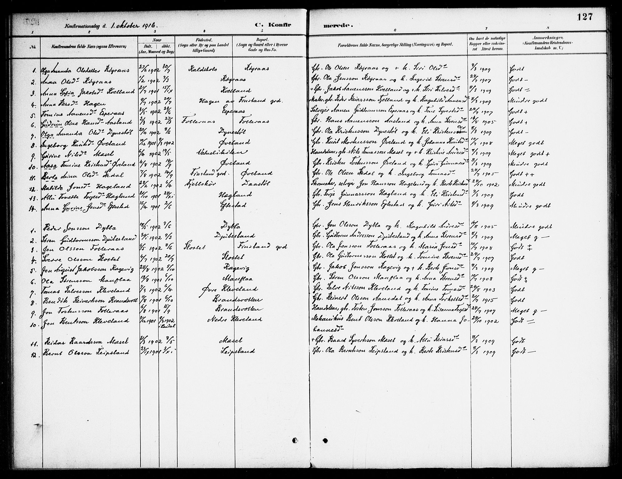 Bjelland sokneprestkontor, SAK/1111-0005/F/Fa/Fab/L0004: Parish register (official) no. A 4, 1887-1920, p. 127