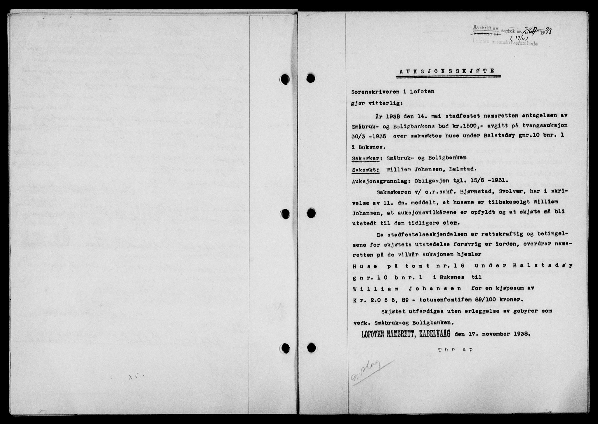 Lofoten sorenskriveri, SAT/A-0017/1/2/2C/L0004a: Mortgage book no. 4a, 1938-1938, Diary no: : 2467/1938