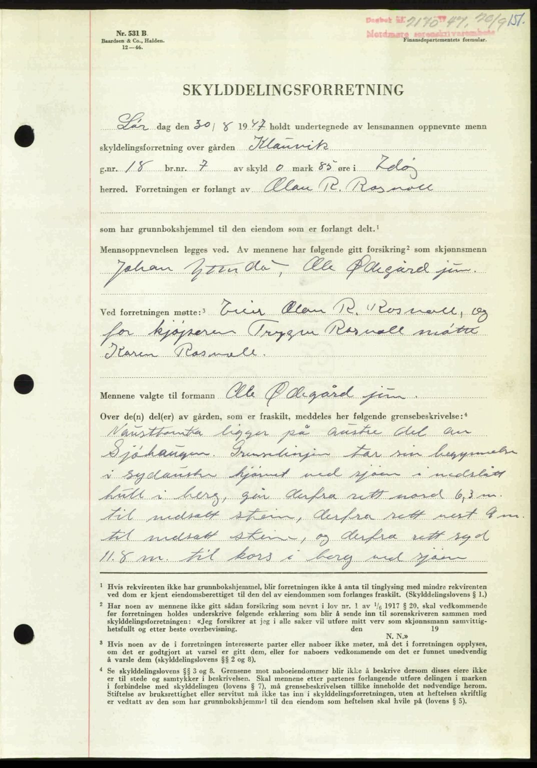 Nordmøre sorenskriveri, AV/SAT-A-4132/1/2/2Ca: Mortgage book no. A106, 1947-1947, Diary no: : 2170/1947