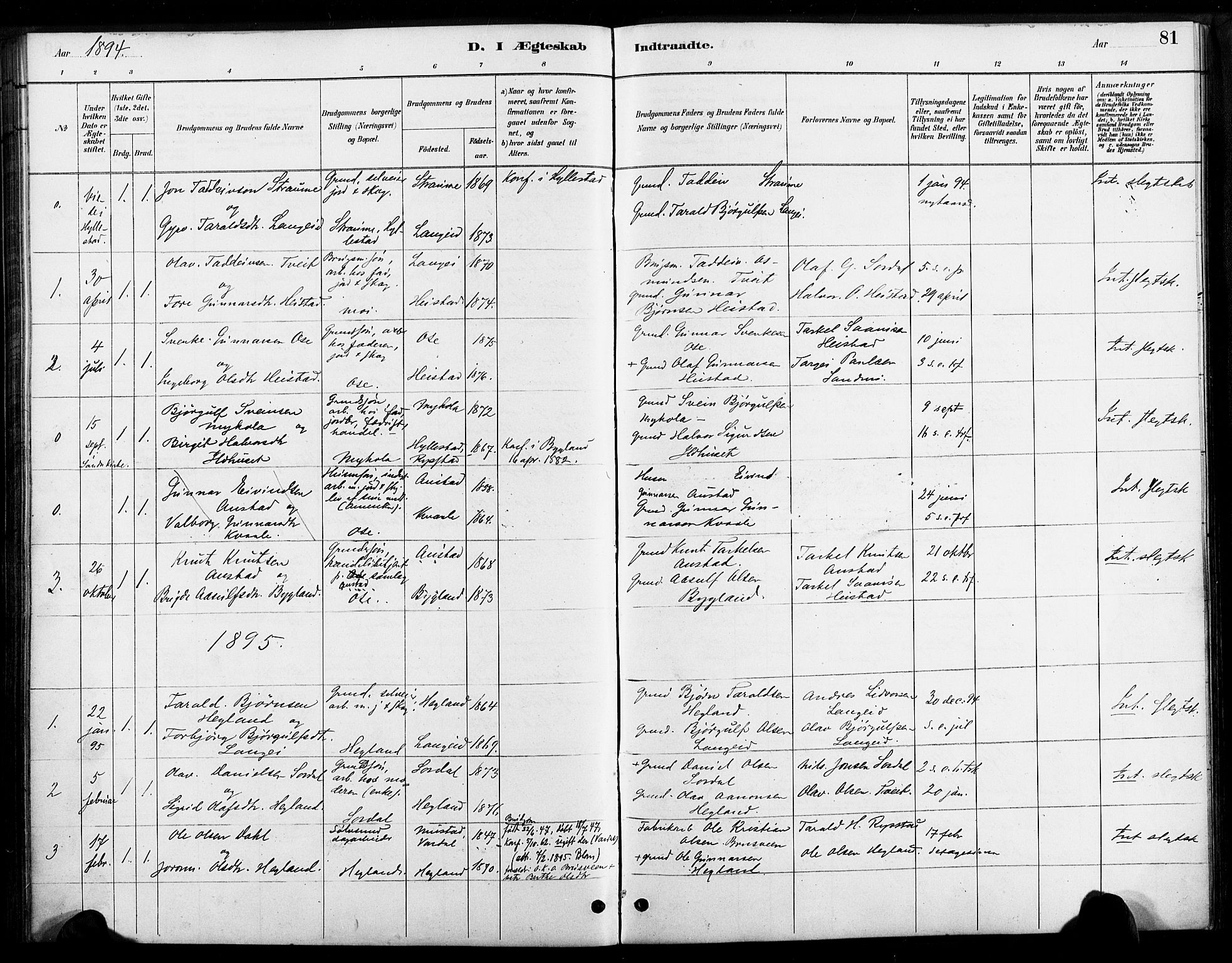 Bygland sokneprestkontor, SAK/1111-0006/F/Fa/Faa/L0001: Parish register (official) no. A 1, 1885-1908, p. 81