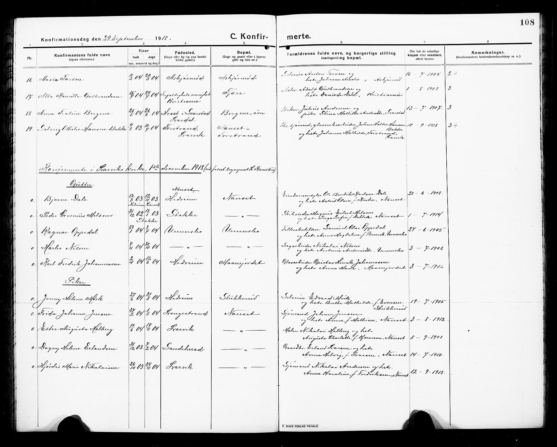 Hedrum kirkebøker, AV/SAKO-A-344/G/Ga/L0005: Parish register (copy) no. I 5, 1916-1930, p. 108