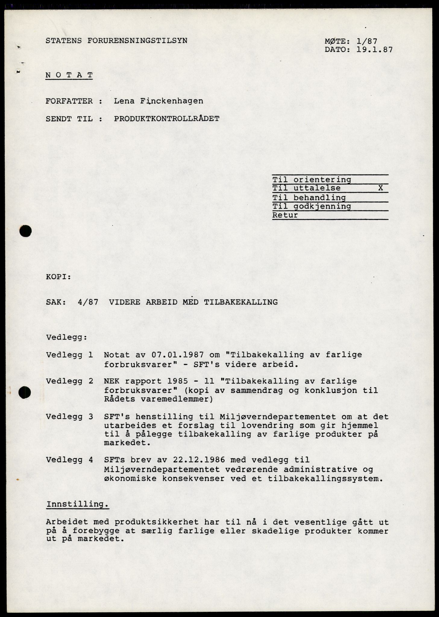 Statens forurensningstilsyn, hovedkontoret, AV/RA-S-4136/1/A/Ab/L0013: Produktkontrollrådet - Innkalling og referater, 1987