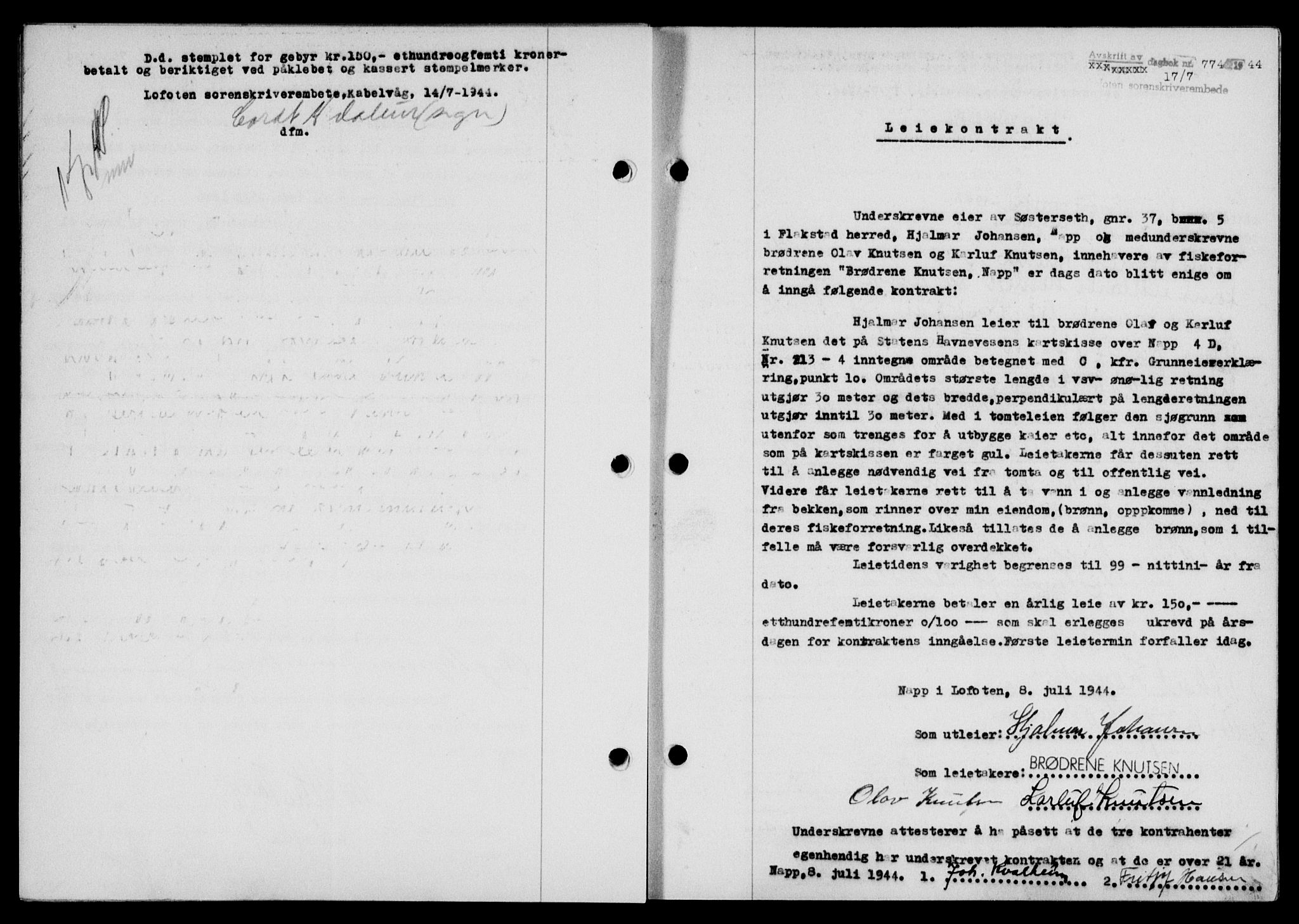Lofoten sorenskriveri, SAT/A-0017/1/2/2C/L0012a: Mortgage book no. 12a, 1943-1944, Diary no: : 774/1944