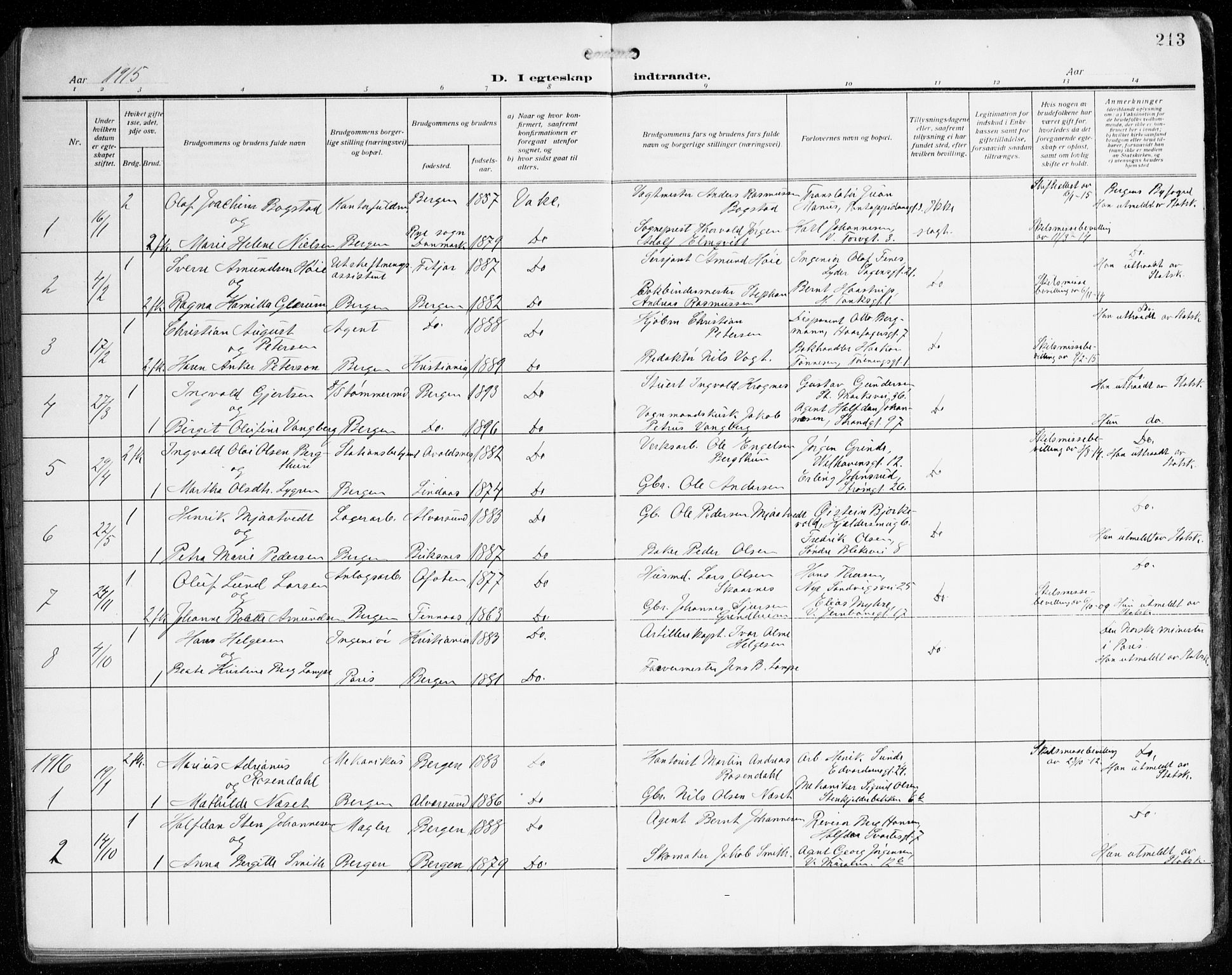 Johanneskirken sokneprestembete, AV/SAB-A-76001/H/Haa/L0013: Parish register (official) no. D 2, 1912-1929, p. 213