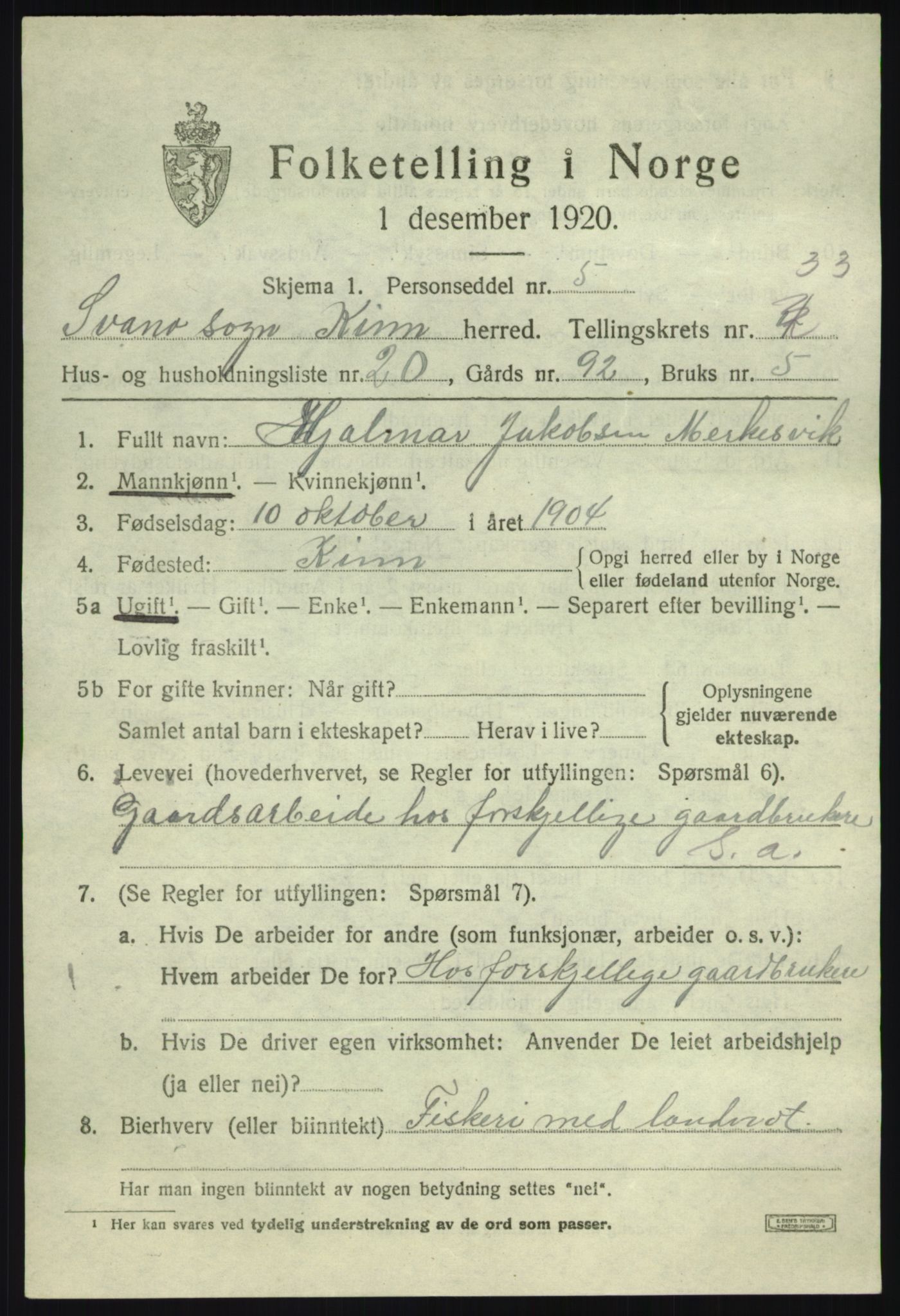 SAB, 1920 census for Kinn, 1920, p. 11125