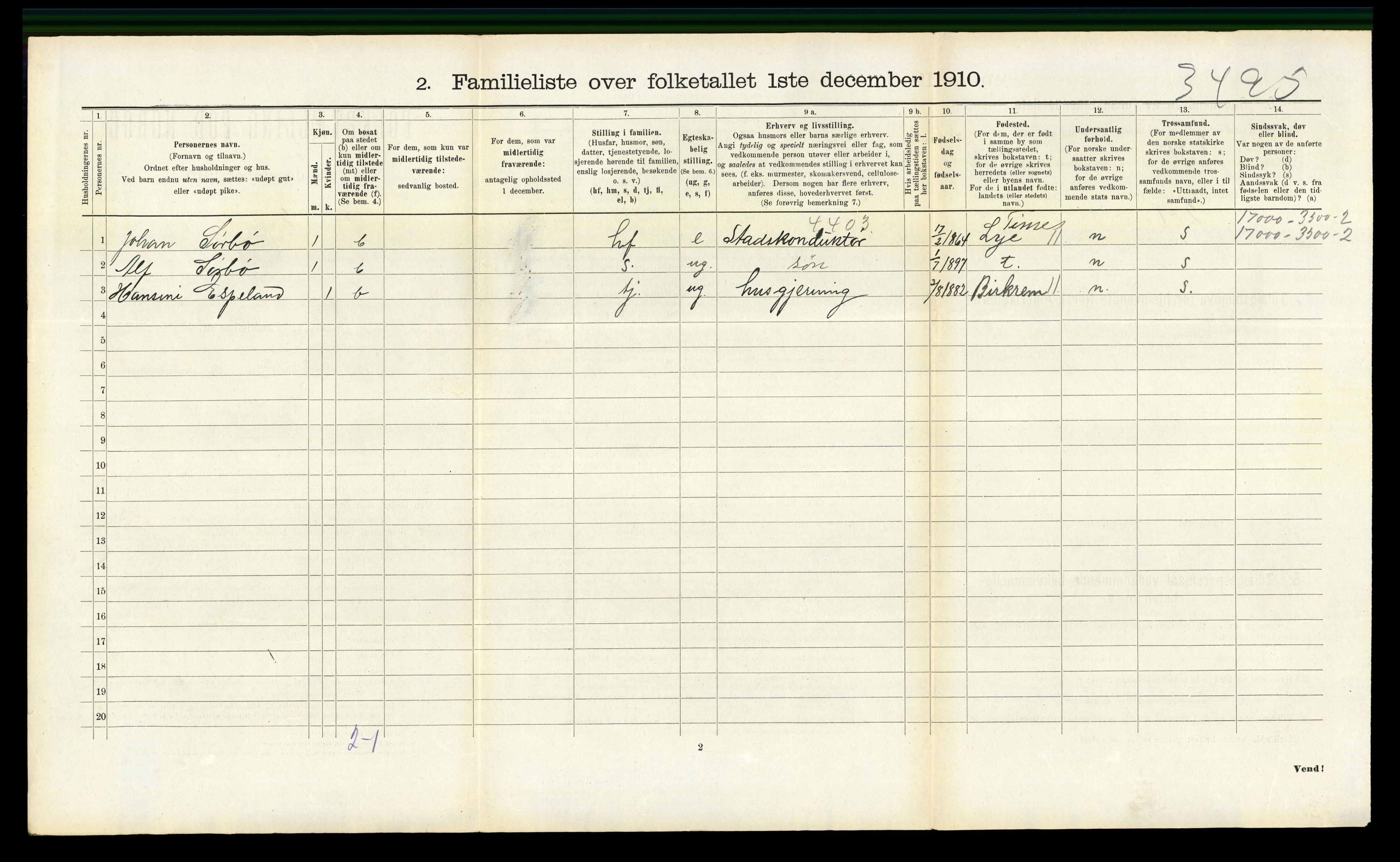 RA, 1910 census for Sandnes, 1910, p. 1293