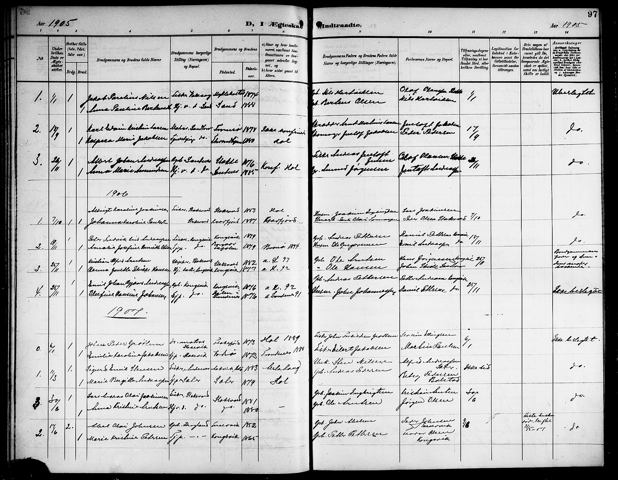 Ministerialprotokoller, klokkerbøker og fødselsregistre - Nordland, AV/SAT-A-1459/865/L0932: Parish register (copy) no. 865C04, 1901-1917, p. 97