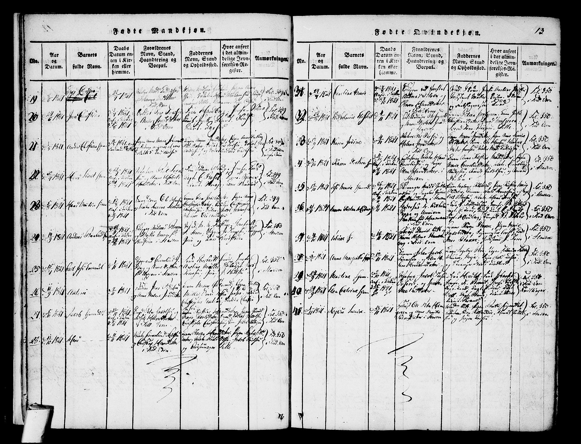 Stavern kirkebøker, AV/SAKO-A-318/F/Fa/L0006: Parish register (official) no. 6, 1816-1839, p. 13