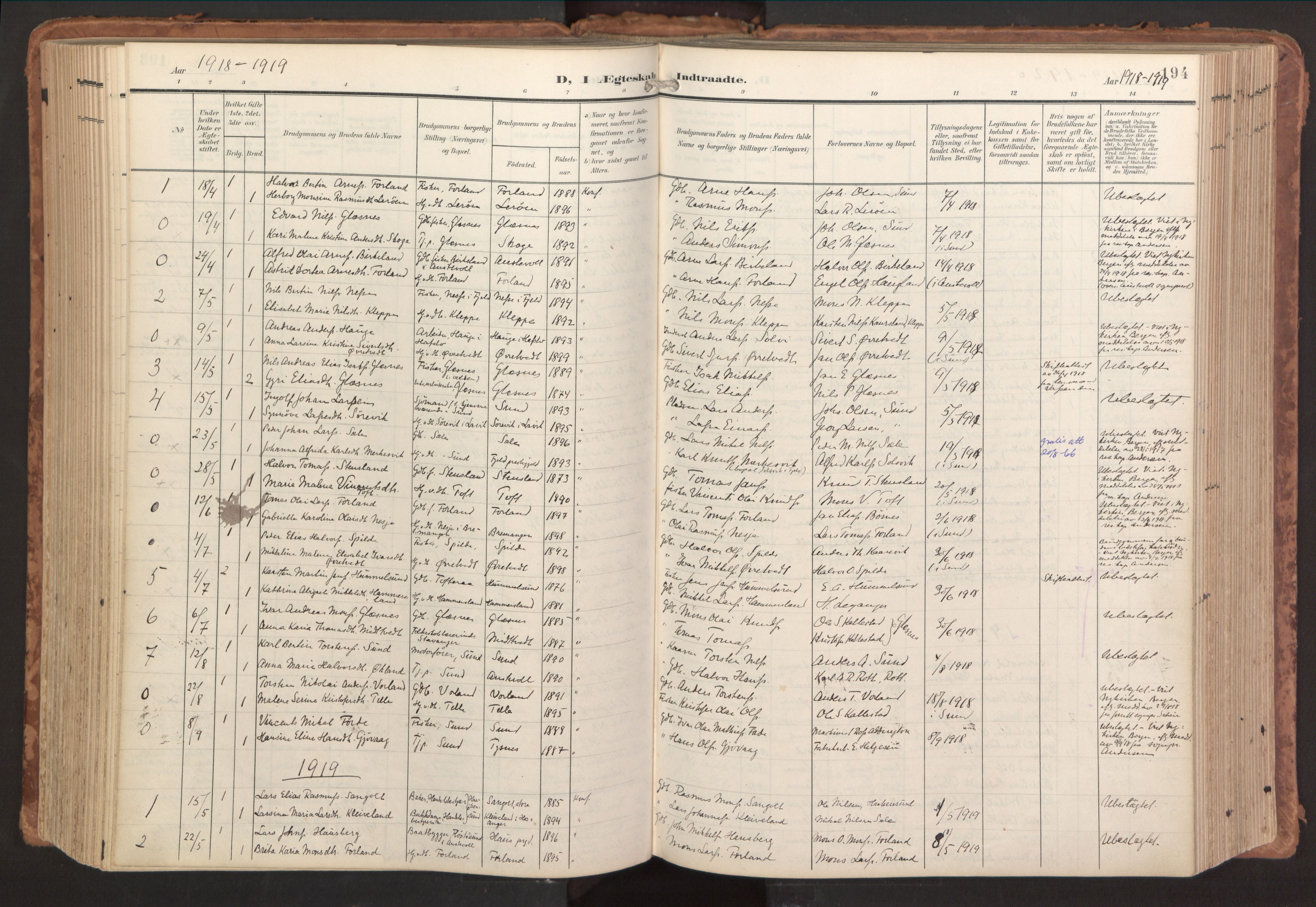 Sund sokneprestembete, AV/SAB-A-99930: Parish register (official) no. B 2, 1907-1926, p. 194