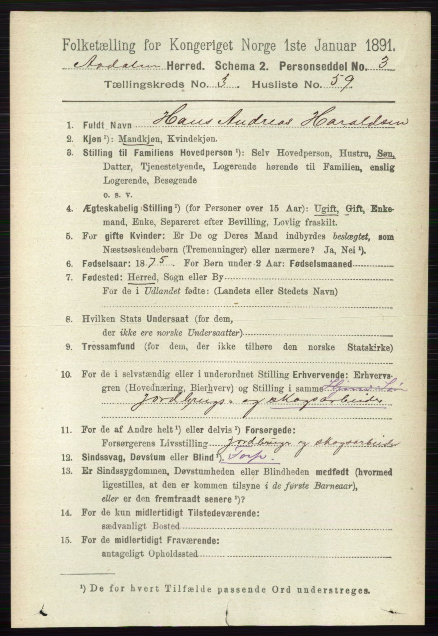 RA, 1891 census for 0614 Ådal, 1891, p. 1439