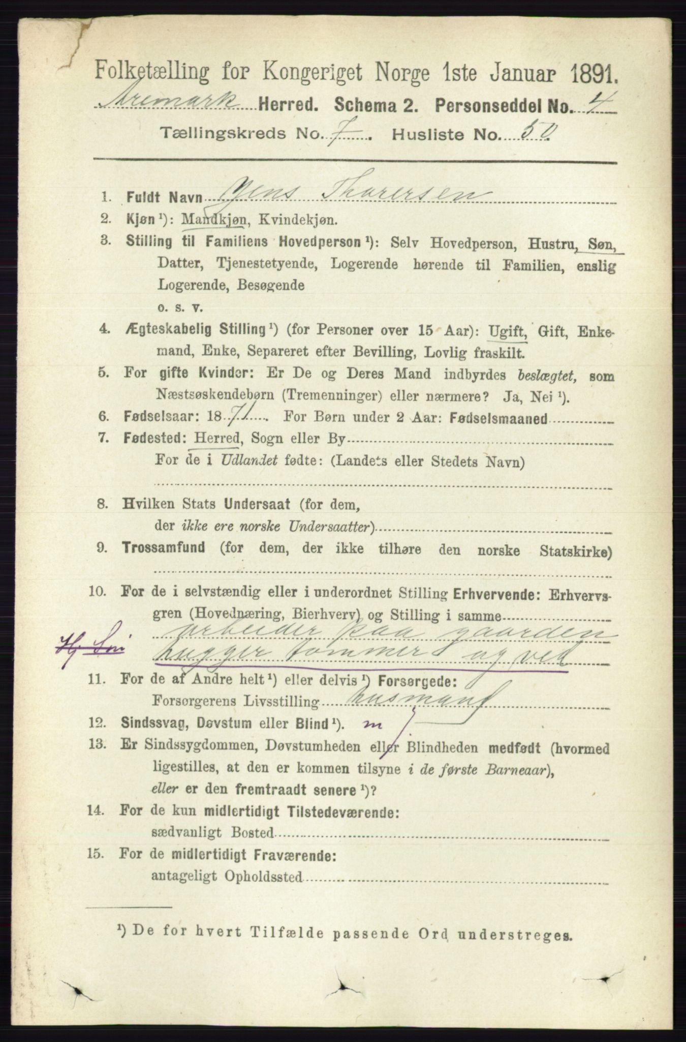 RA, 1891 census for 0118 Aremark, 1891, p. 4208