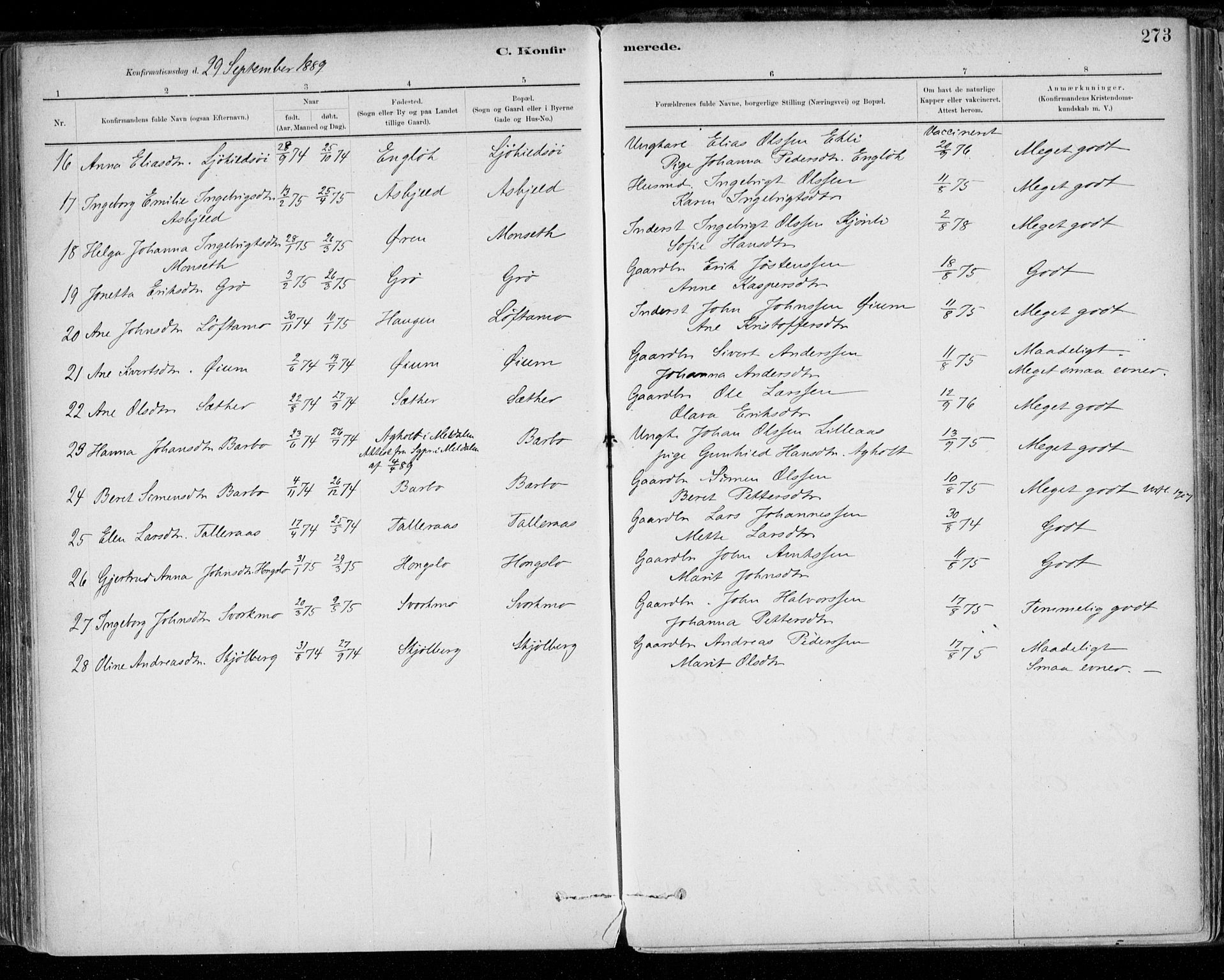 Ministerialprotokoller, klokkerbøker og fødselsregistre - Sør-Trøndelag, SAT/A-1456/668/L0809: Parish register (official) no. 668A09, 1881-1895, p. 273