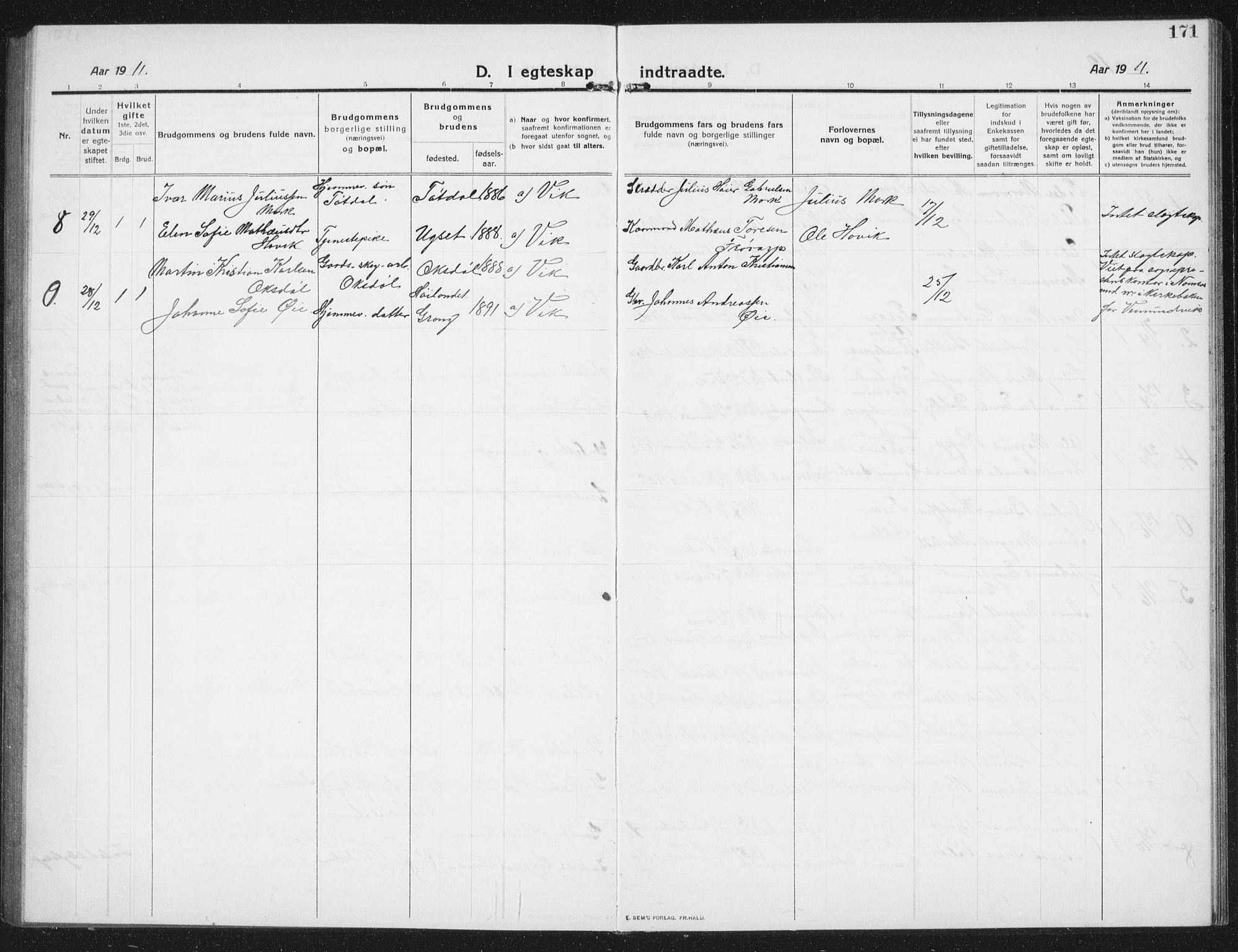 Ministerialprotokoller, klokkerbøker og fødselsregistre - Nord-Trøndelag, SAT/A-1458/774/L0630: Parish register (copy) no. 774C01, 1910-1934, p. 171