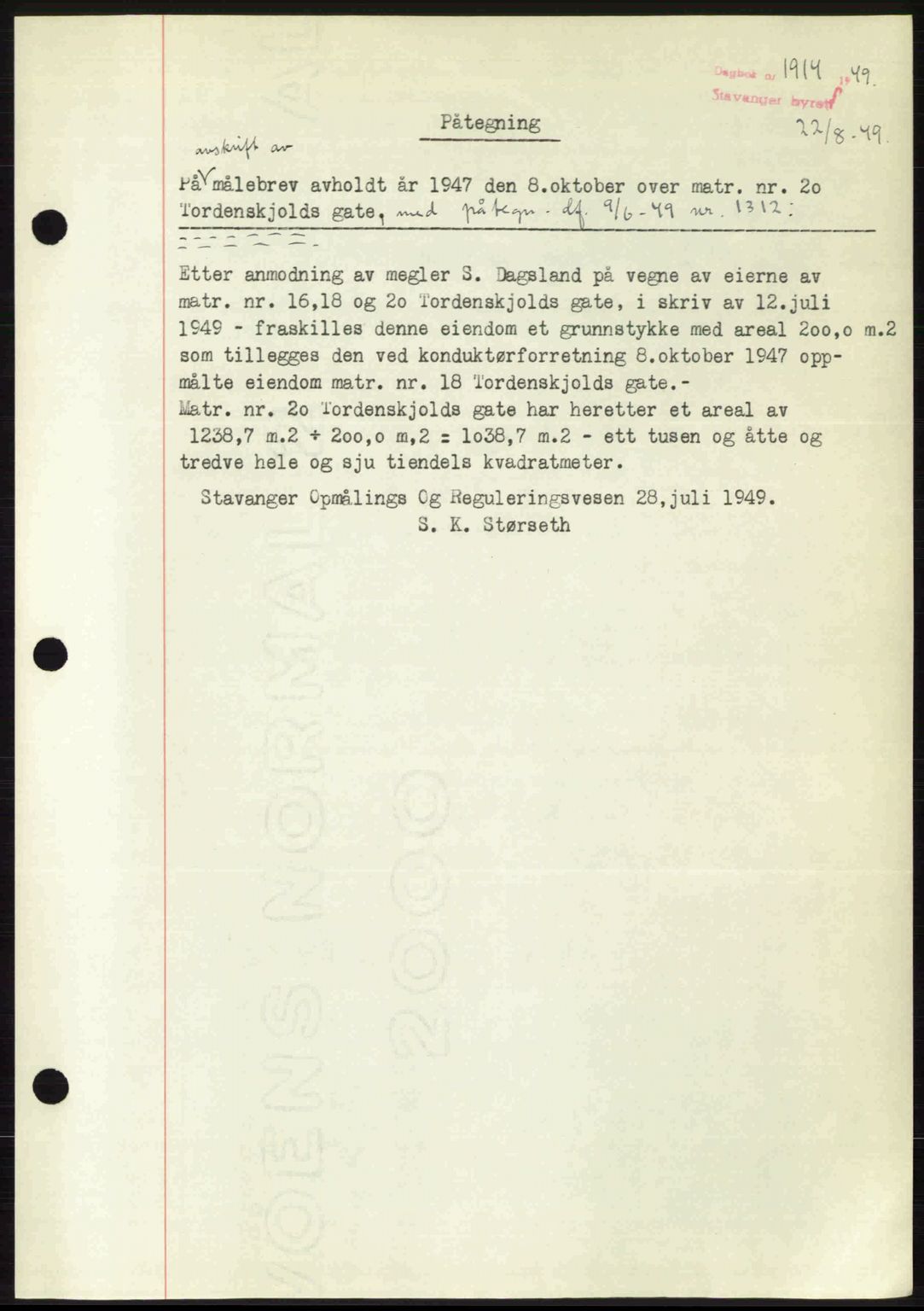 Stavanger byrett, SAST/A-100455/002/G/Gb/L0023: Mortgage book no. A12, 1948-1949, Diary no: : 1914/1949