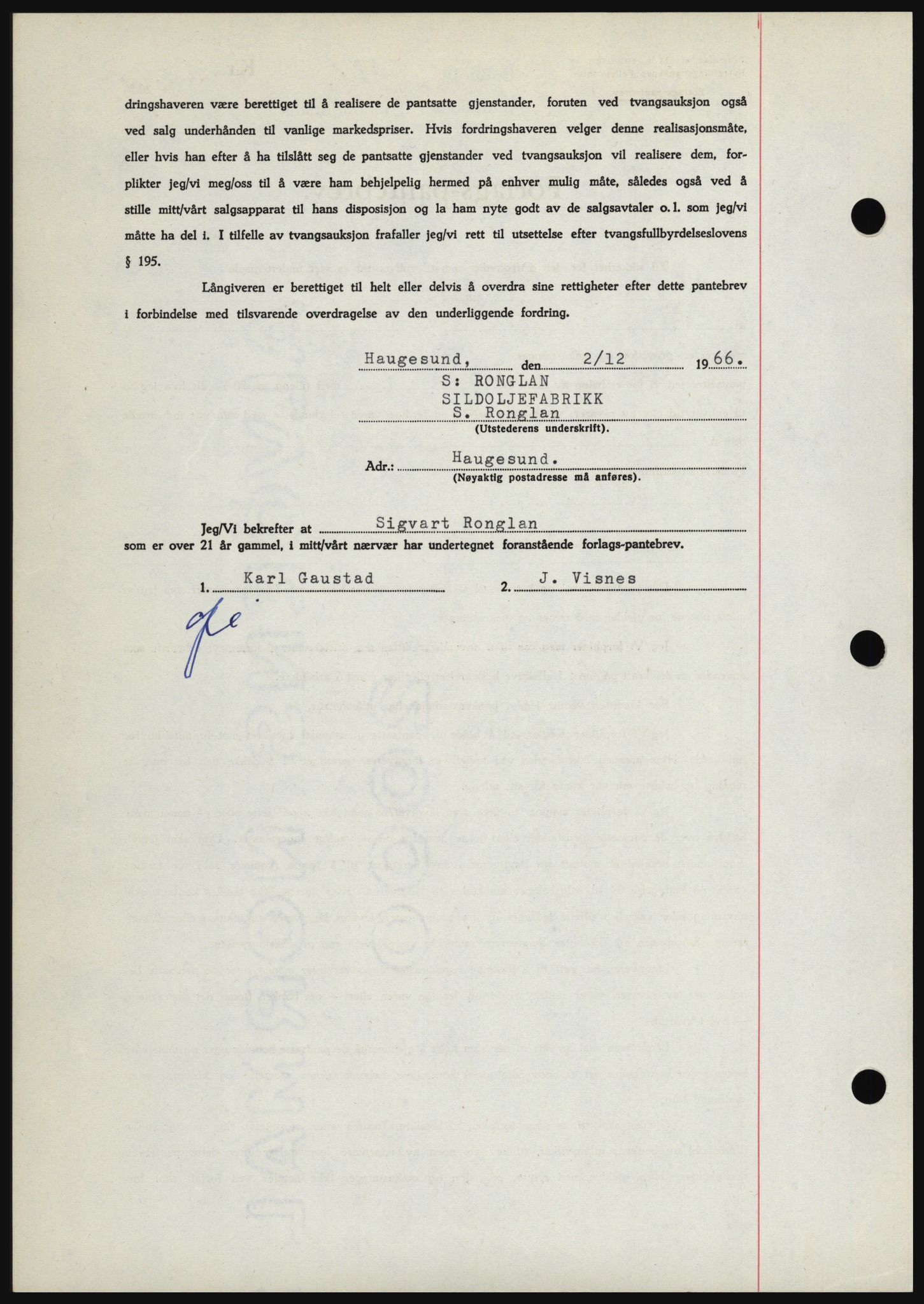 Haugesund tingrett, SAST/A-101415/01/II/IIC/L0056: Mortgage book no. B 56, 1966-1967, Diary no: : 2643/1966