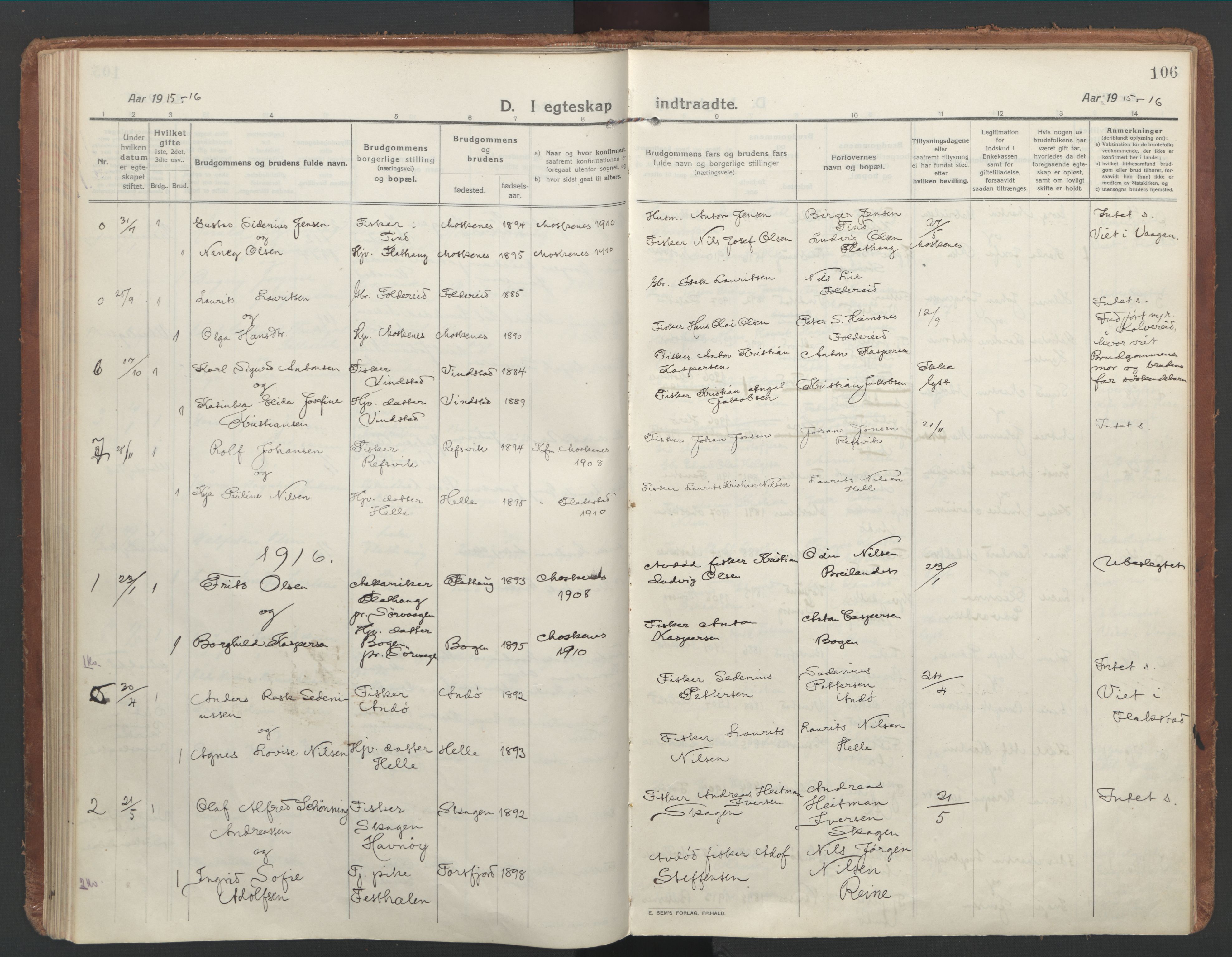 Ministerialprotokoller, klokkerbøker og fødselsregistre - Nordland, SAT/A-1459/886/L1222: Parish register (official) no. 886A04, 1914-1926, p. 106