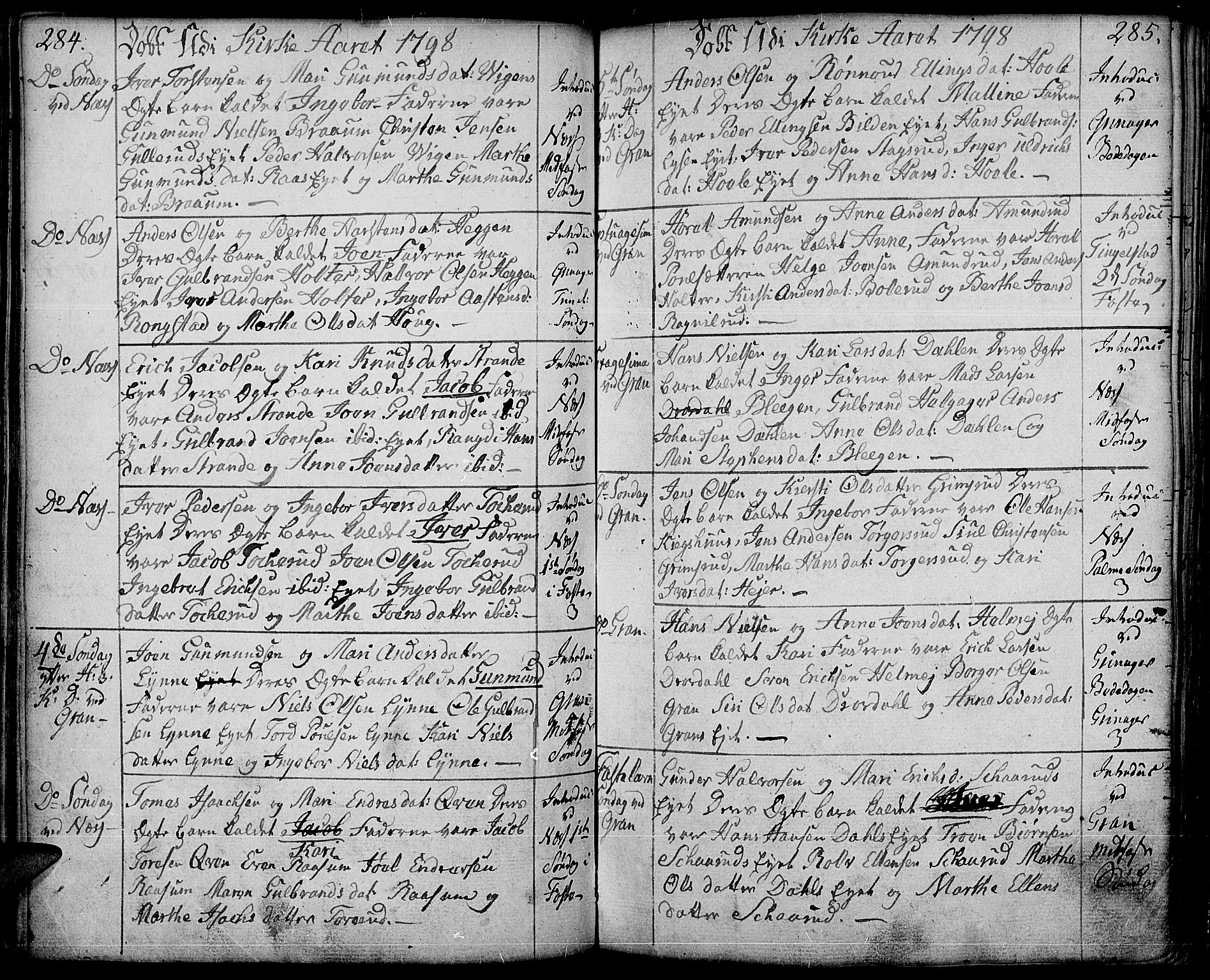 Gran prestekontor, SAH/PREST-112/H/Ha/Haa/L0006: Parish register (official) no. 6, 1787-1824, p. 284-285