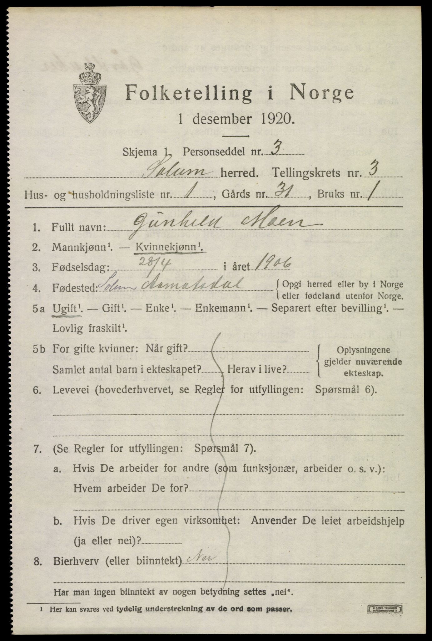 SAKO, 1920 census for Solum, 1920, p. 7682