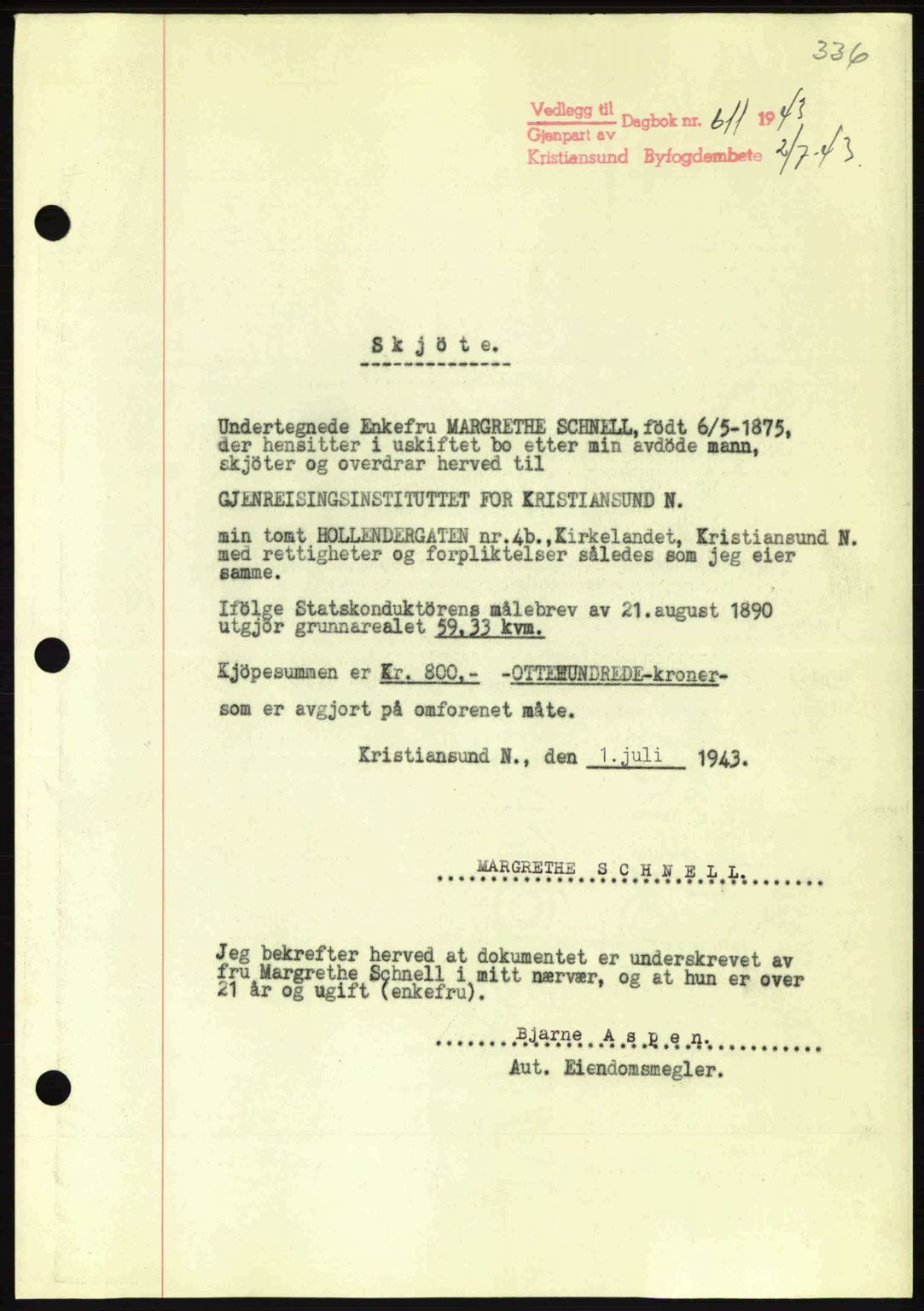 Kristiansund byfogd, AV/SAT-A-4587/A/27: Mortgage book no. 34, 1941-1945, Diary no: : 611/1943