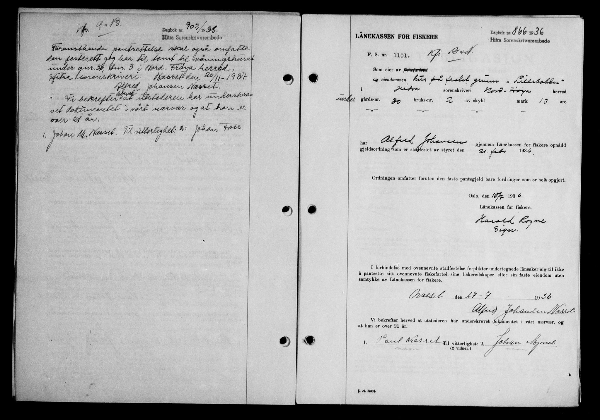 Hitra sorenskriveri, AV/SAT-A-0018/2/2C/2Ca/L0028: Mortgage book no. B-1, 1936-1939, Diary no: : 866/1936