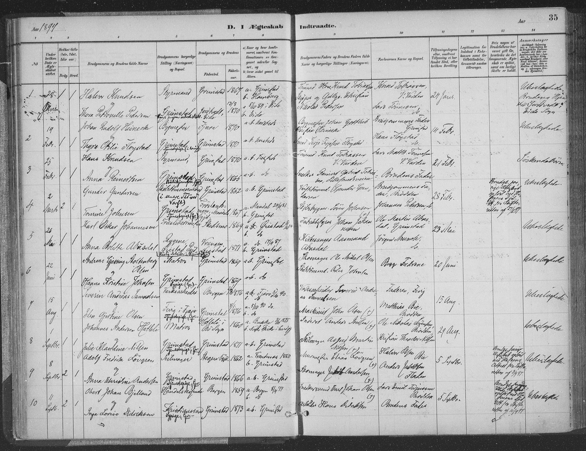 Grimstad sokneprestkontor, AV/SAK-1111-0017/F/Fa/L0004: Parish register (official) no. A 3, 1882-1910, p. 35