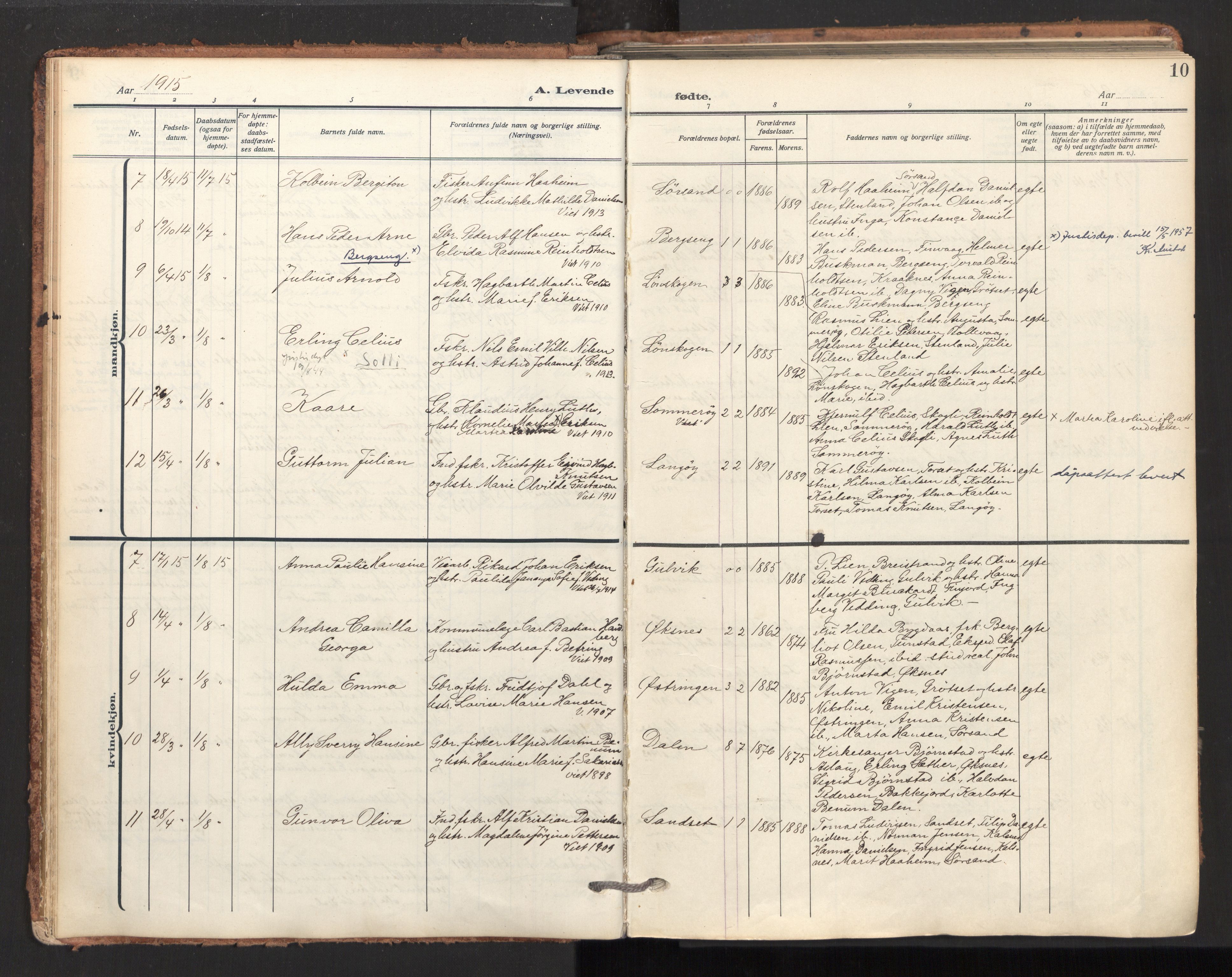 Ministerialprotokoller, klokkerbøker og fødselsregistre - Nordland, AV/SAT-A-1459/893/L1343: Parish register (official) no. 893A15, 1914-1928, p. 10