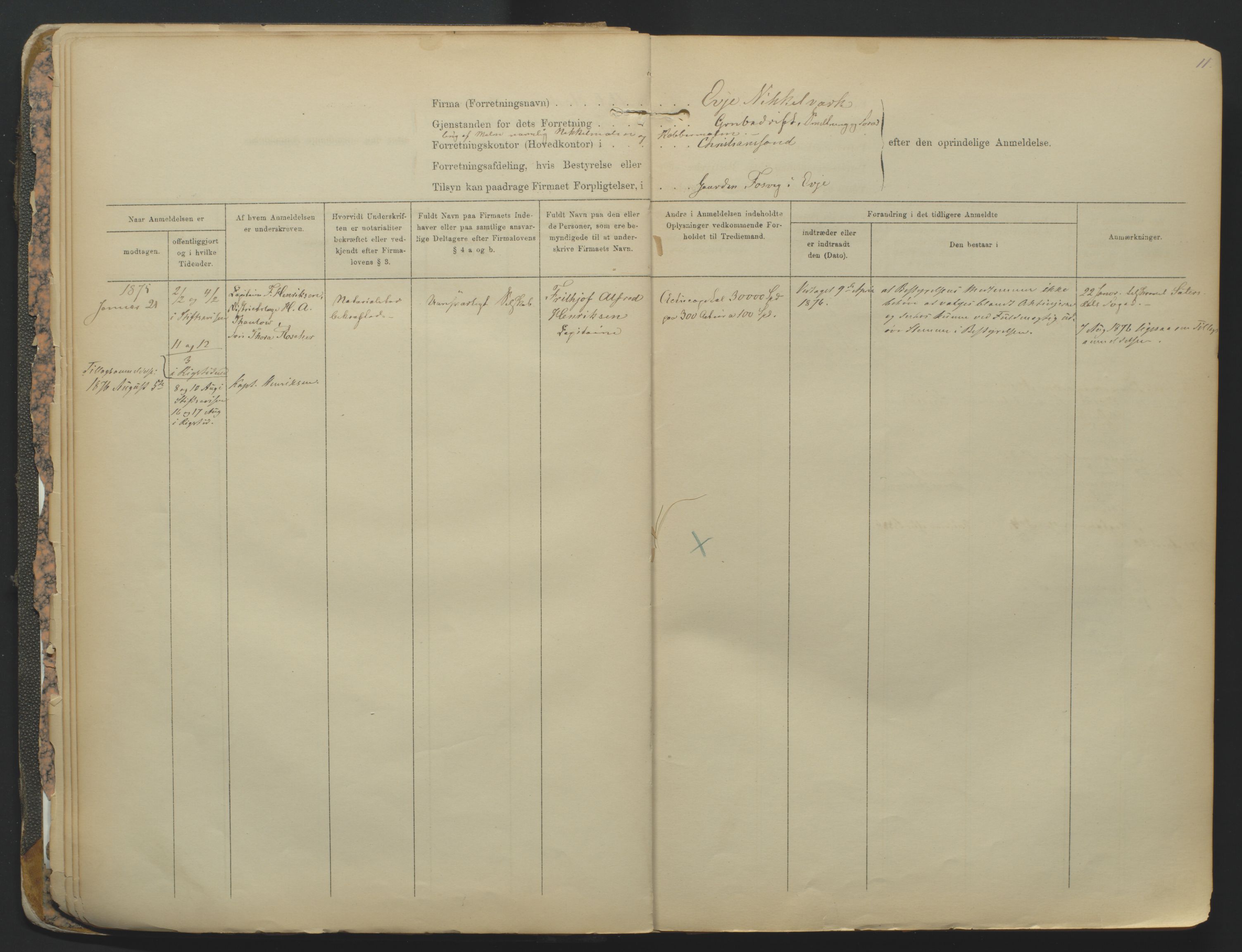 Kristiansand byrett, SAK/1223-0001/K/Kb/L0001: Firmaregister A, med register, 1874-1890, p. 11