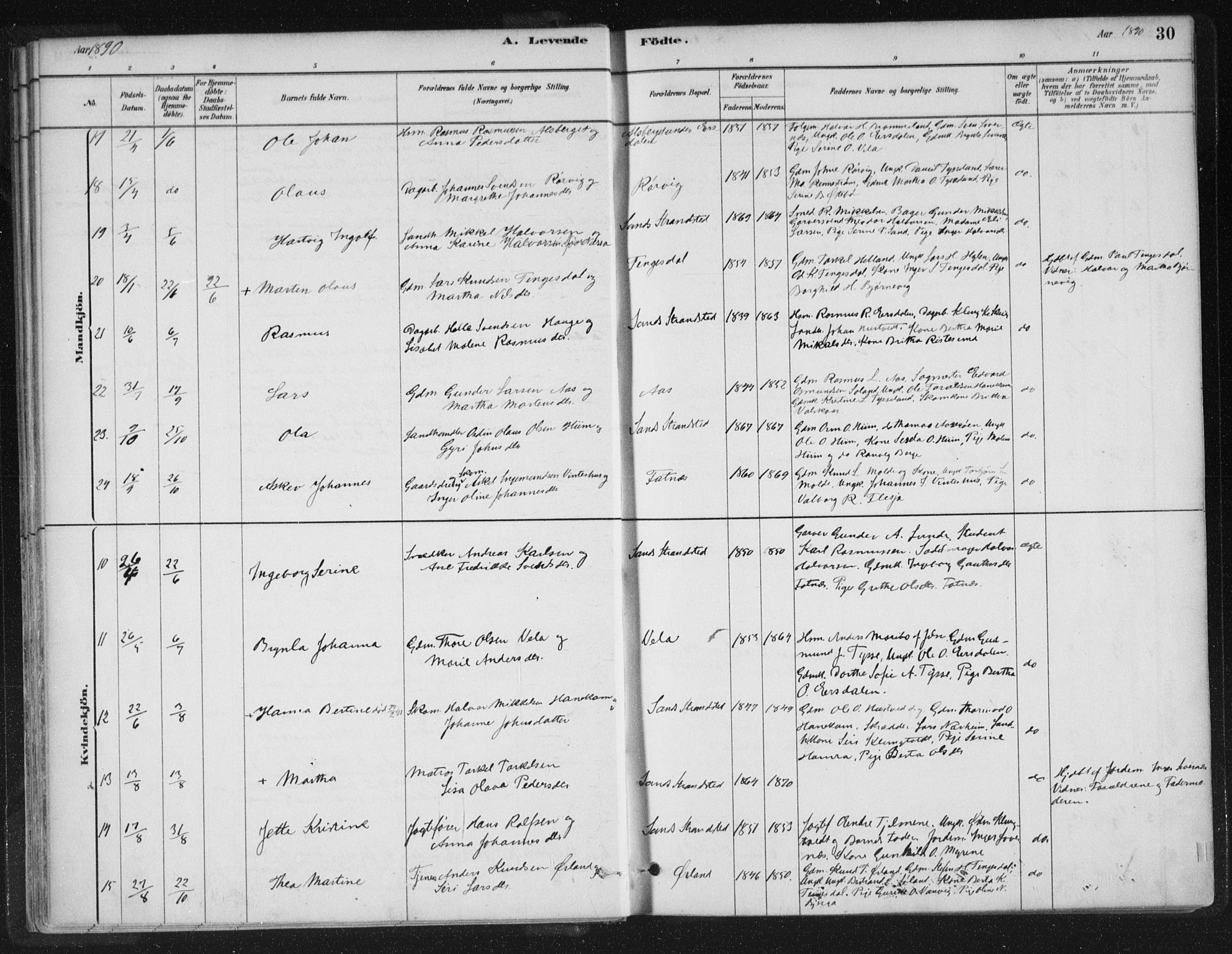 Sand sokneprestkontor, AV/SAST-A-101848/01/III/L0005: Parish register (official) no. A 5, 1880-1898, p. 30