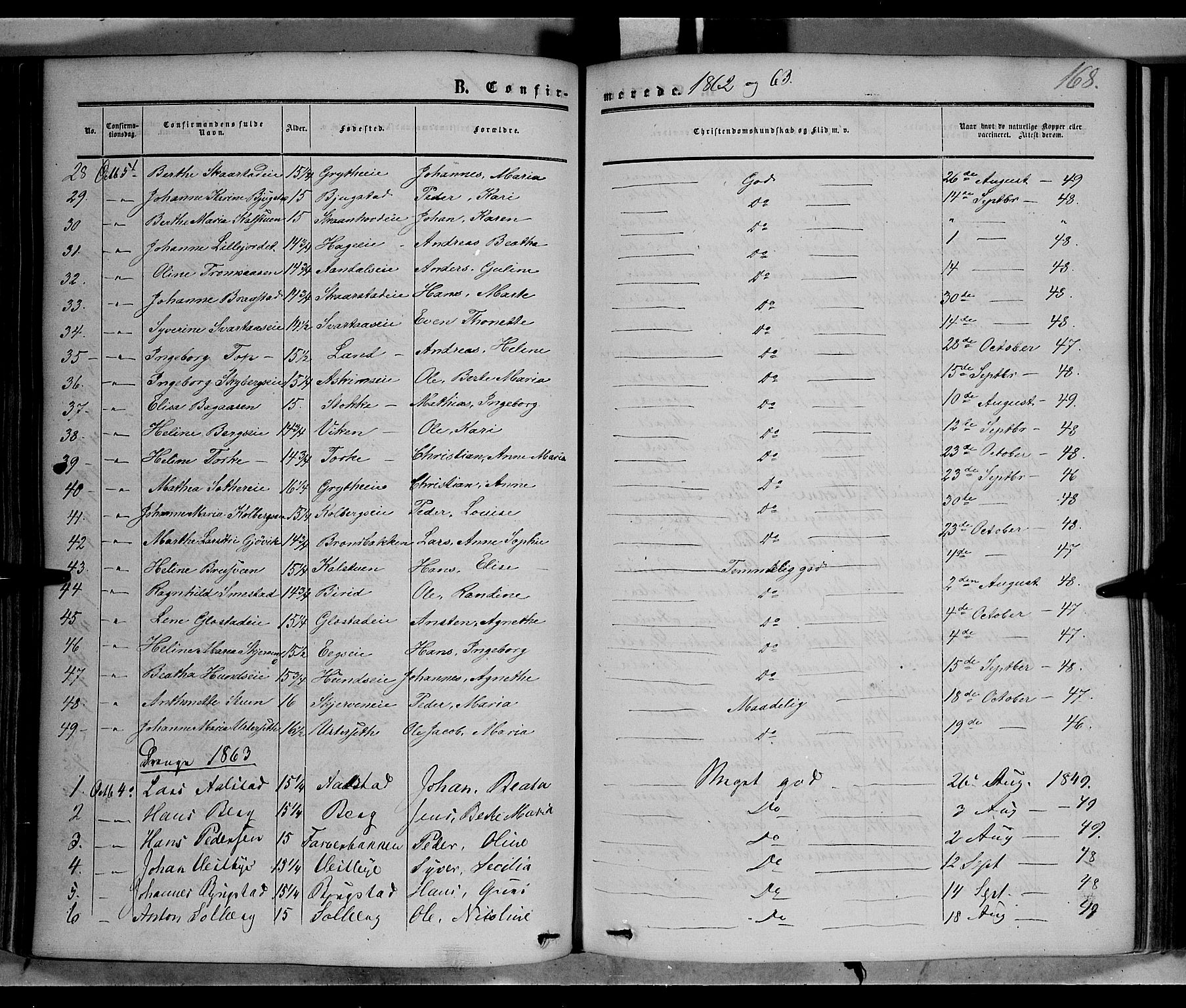 Vardal prestekontor, SAH/PREST-100/H/Ha/Haa/L0006: Parish register (official) no. 6, 1854-1866, p. 168