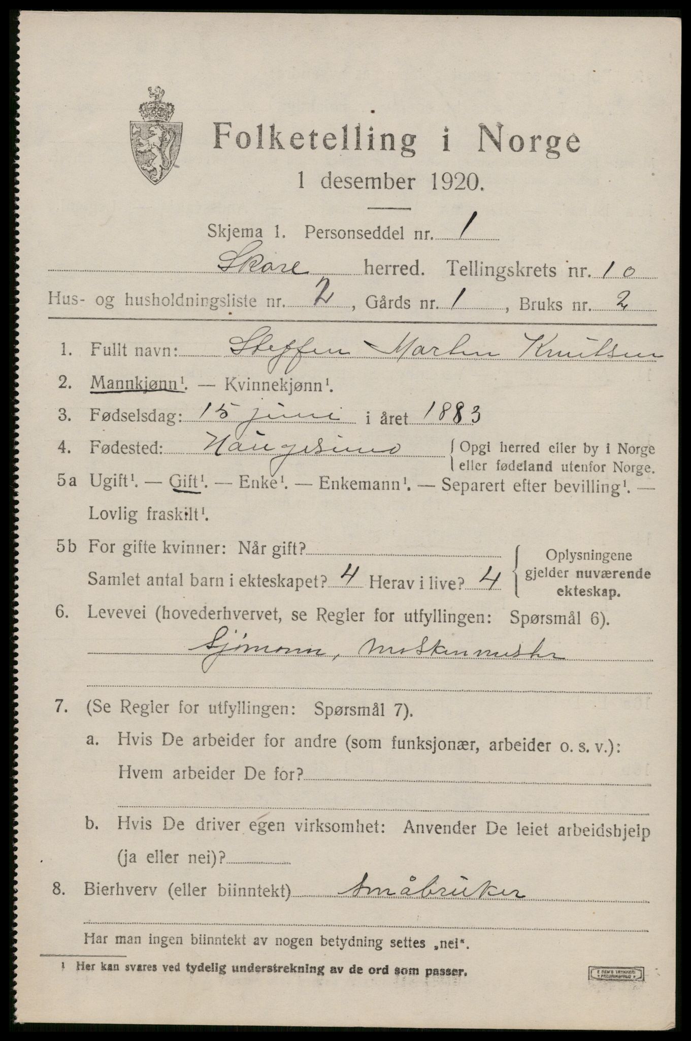 SAST, 1920 census for Skåre, 1920, p. 7870