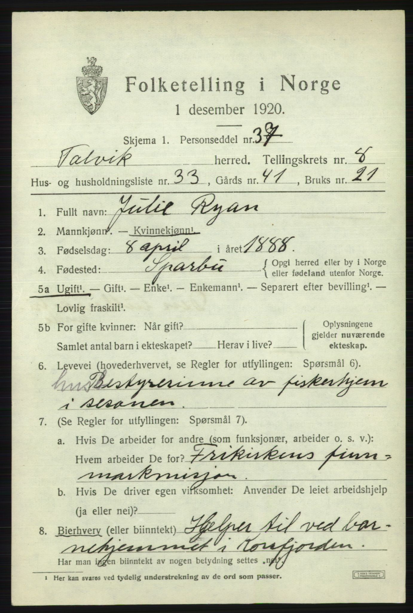 SATØ, 1920 census for Talvik, 1920, p. 5406