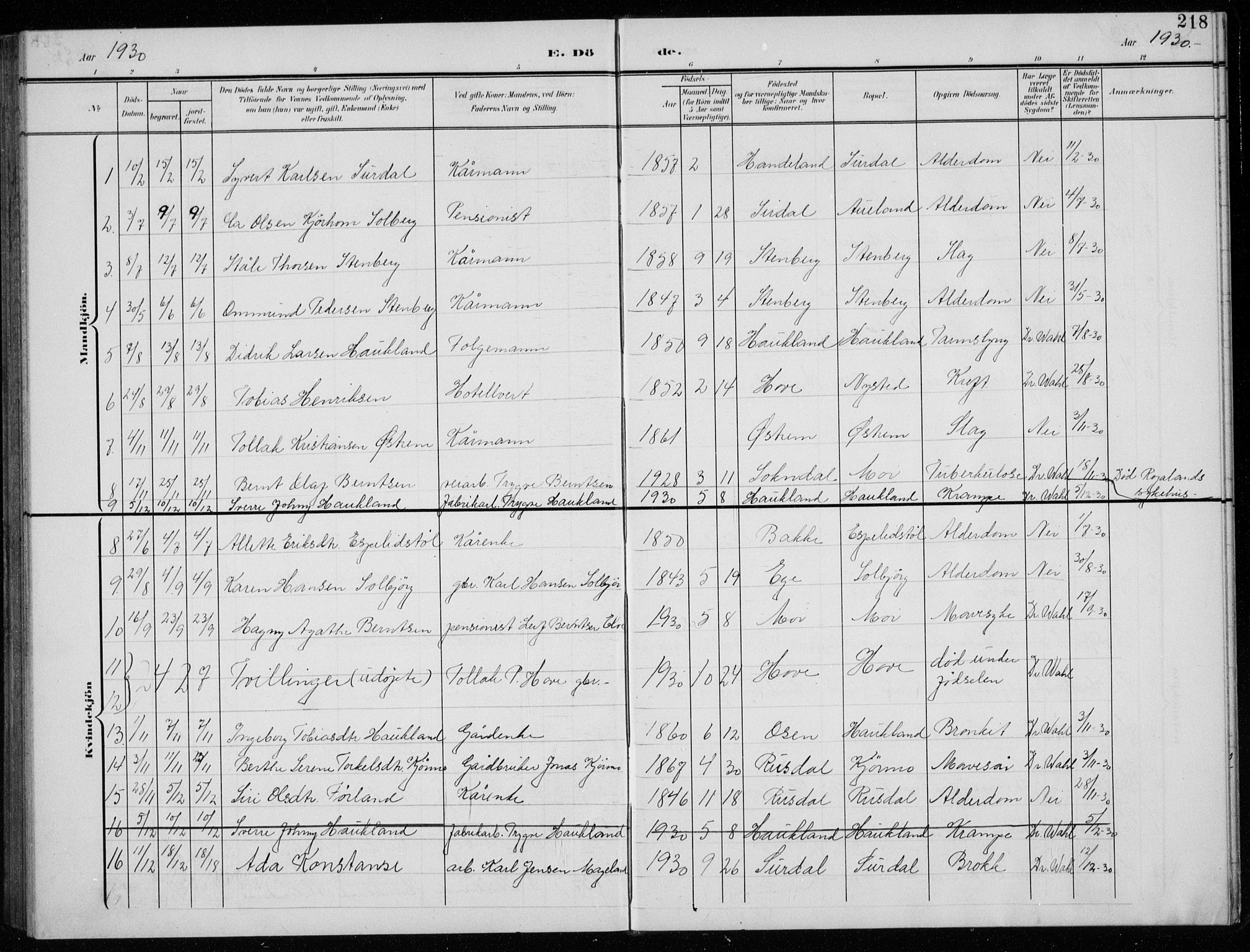 Lund sokneprestkontor, AV/SAST-A-101809/S07/L0008: Parish register (copy) no. B 8, 1902-1936, p. 218