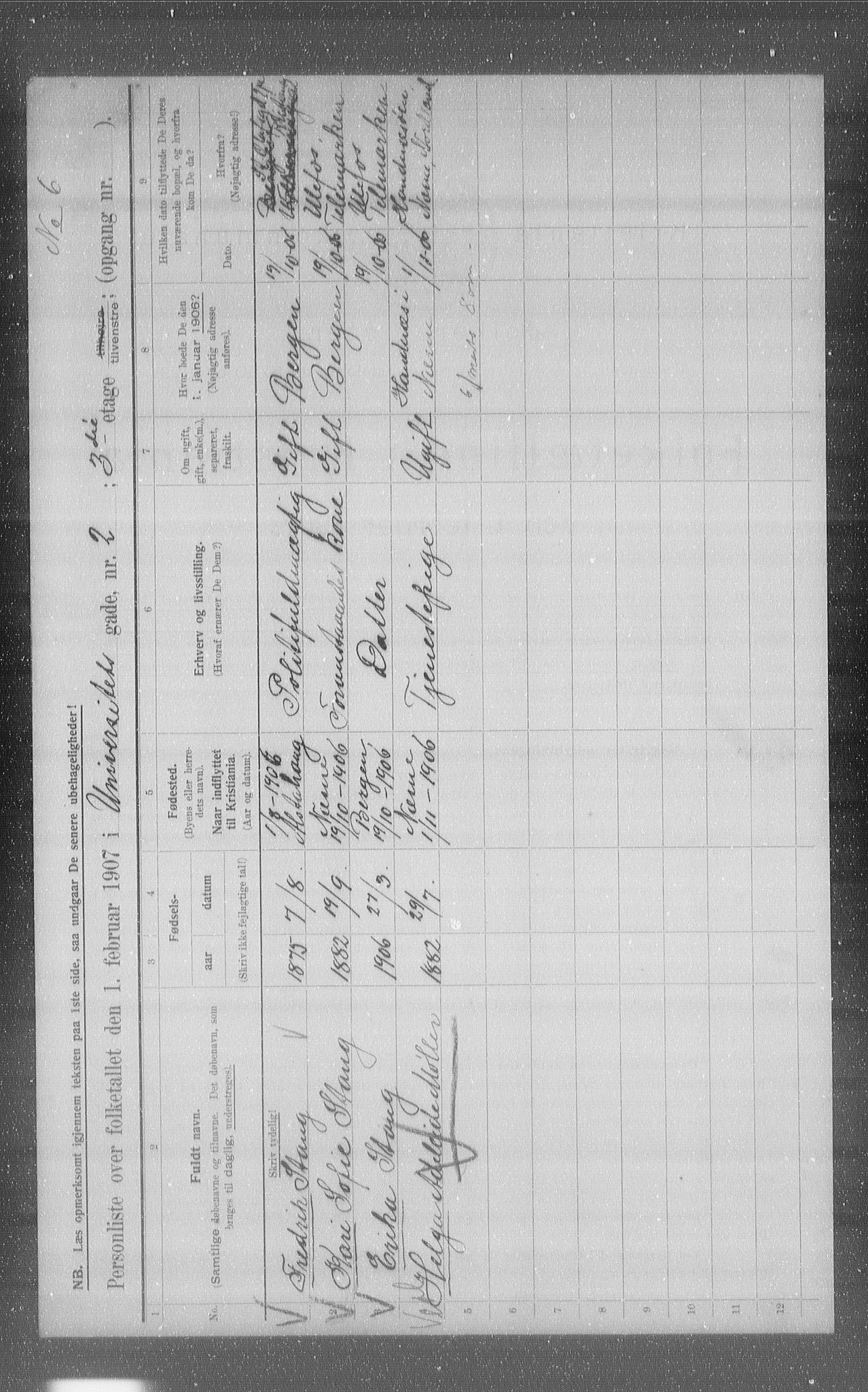 OBA, Municipal Census 1907 for Kristiania, 1907, p. 61013